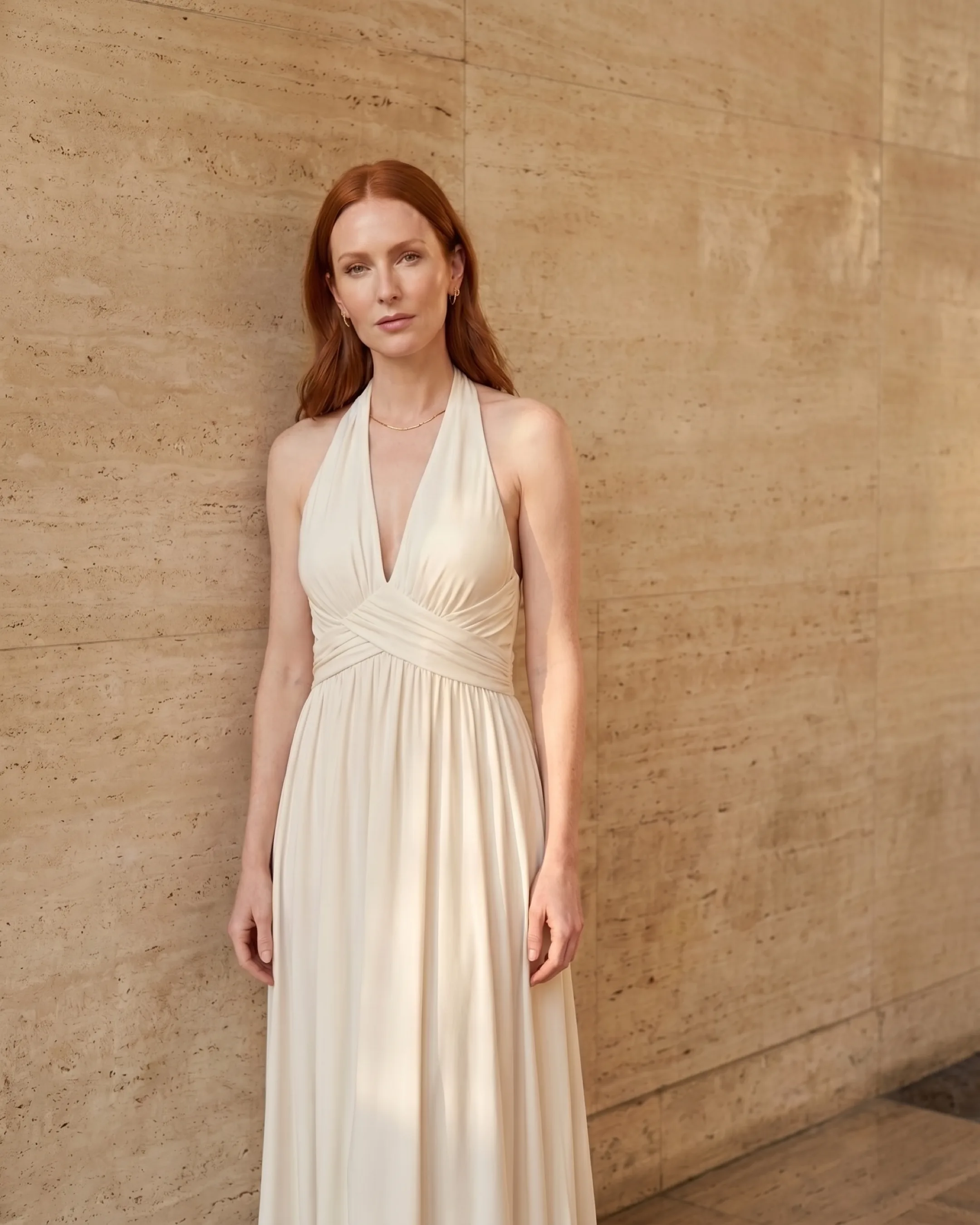 Hugo Caesar Tassi Aelia Grecian cross-front halter maxi dress in pale Avorio ivory, worn by a model beside fluted columns in a Roman travertine studio