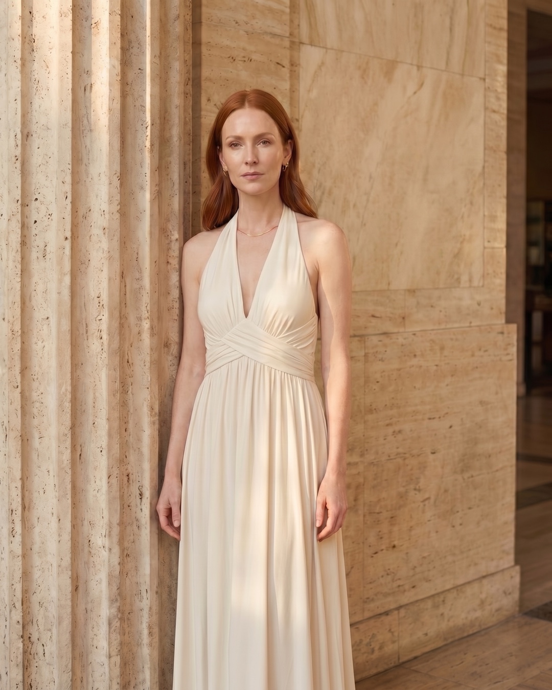 Editorial portrait of the Hugo Caesar Tassi Aelia Grecian cross-front halter maxi dress in Avorio among Roman travertine columns in golden light