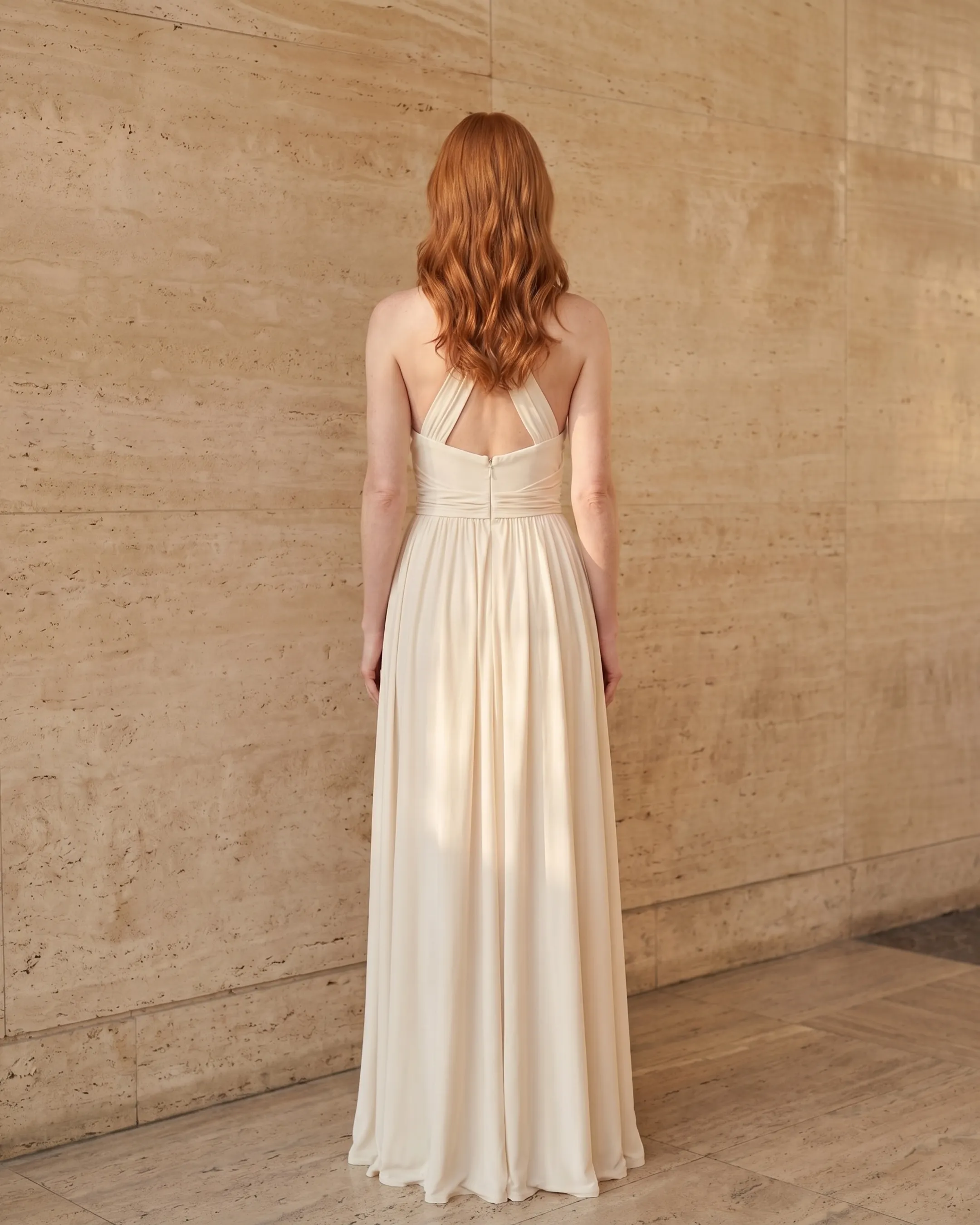 Full-length rear view of the Hugo Caesar Tassi Aelia Grecian cross-front halter maxi dress in pale Avorio ivory, seen from behind, showing the back of the dress, the bare halter back, empire waist and long fluid jersey column skirt in a Roman travertine studio