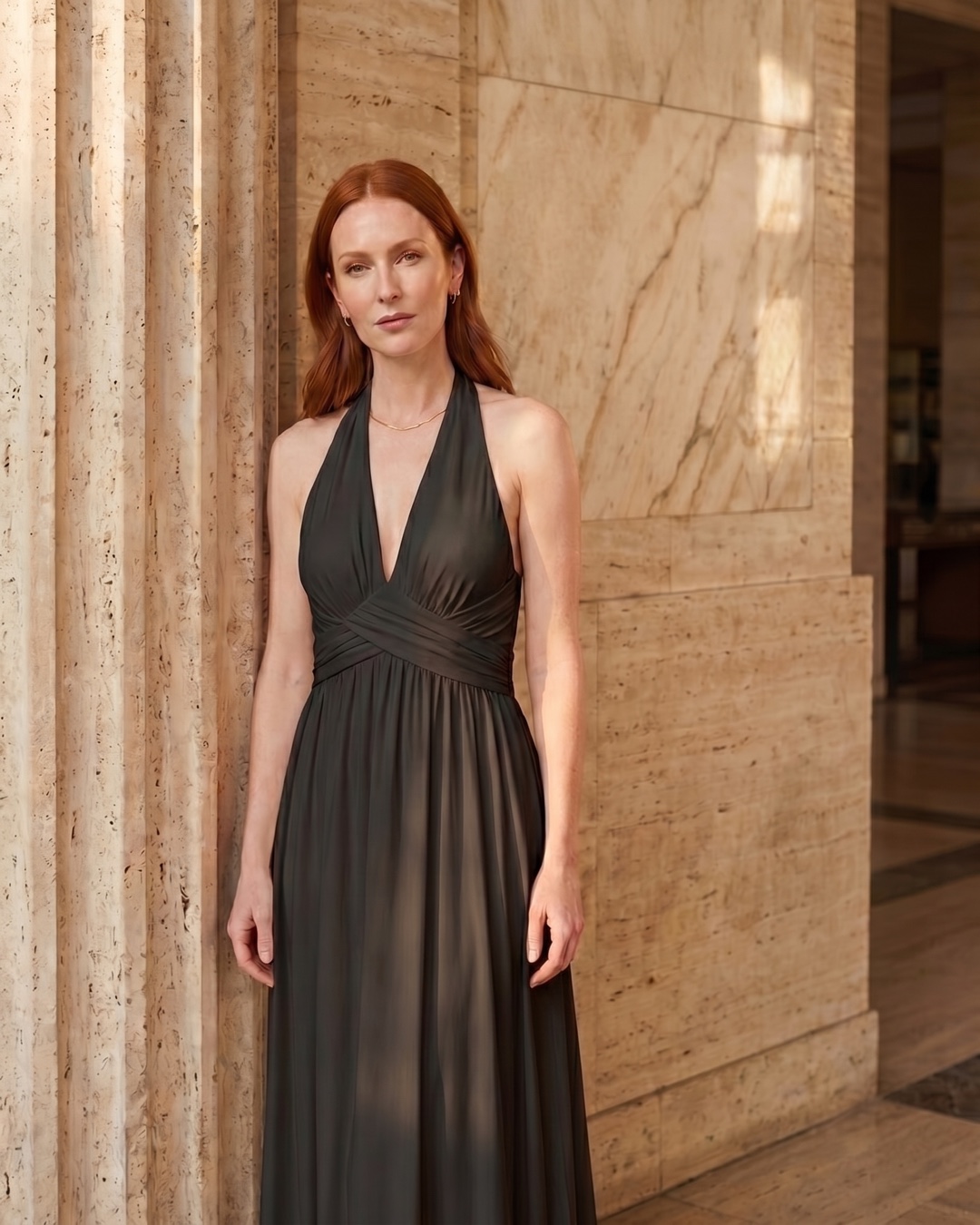 Aelia Grecian Cross-Front Halter Maxi Dress in Jersey in Basalt — Hugo Caesar Tassi