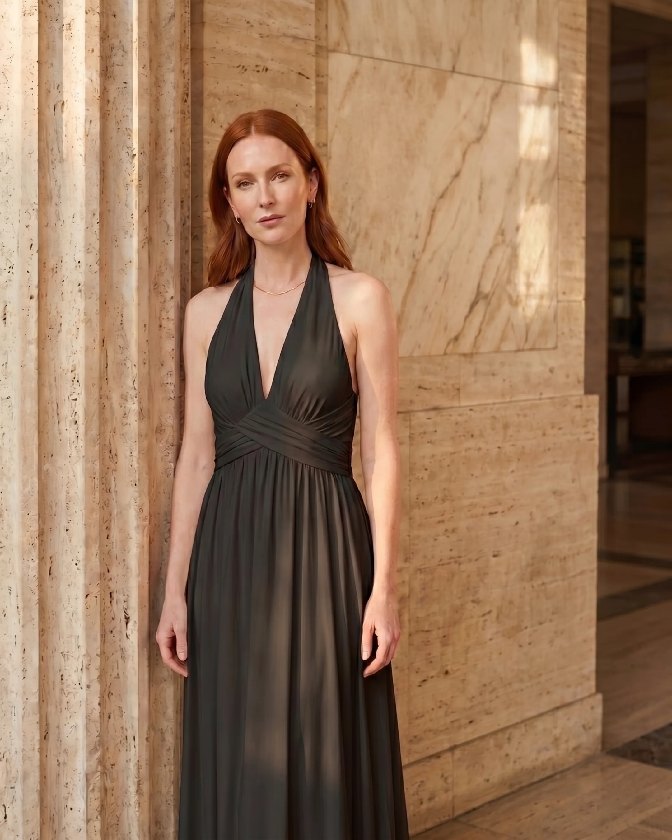 Aelia Grecian Cross-Front Halter Maxi Dress in Jersey in Basalt — Hugo Caesar Tassi