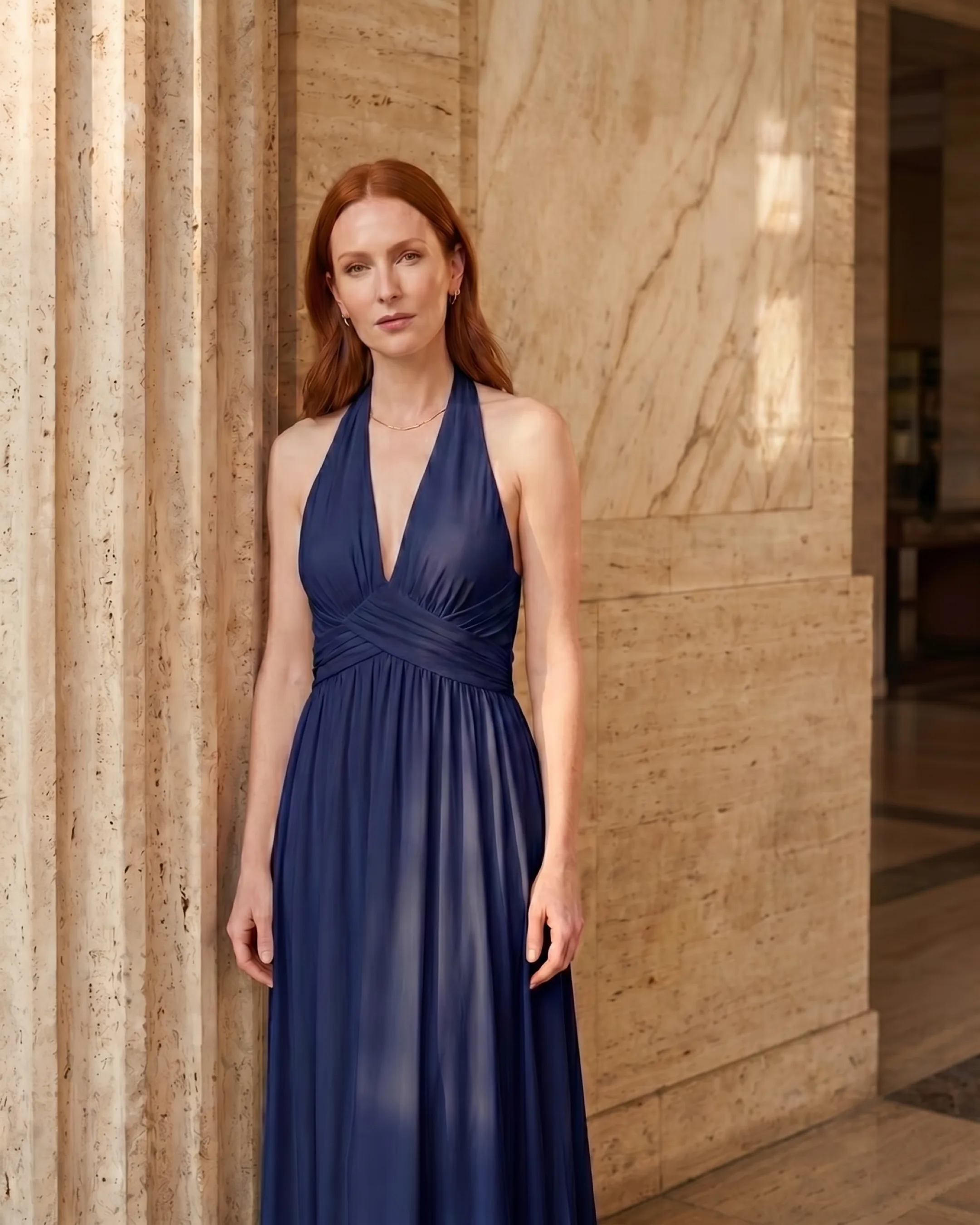 Aelia Grecian Cross-Front Halter Maxi Dress in Jersey in Cobalto — Hugo Caesar Tassi
