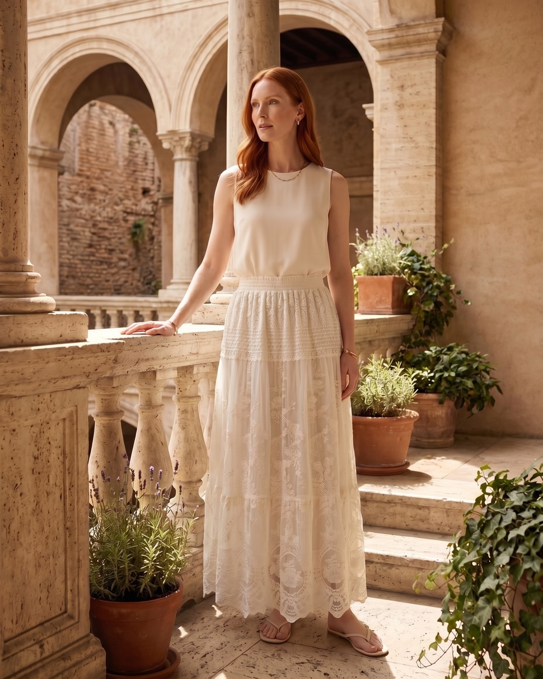 Aemilia floral-embroidered lace A-line chiffon maxi dress in Avorio — editorial full-length beside a travertine column for Hugo Caesar Tassi