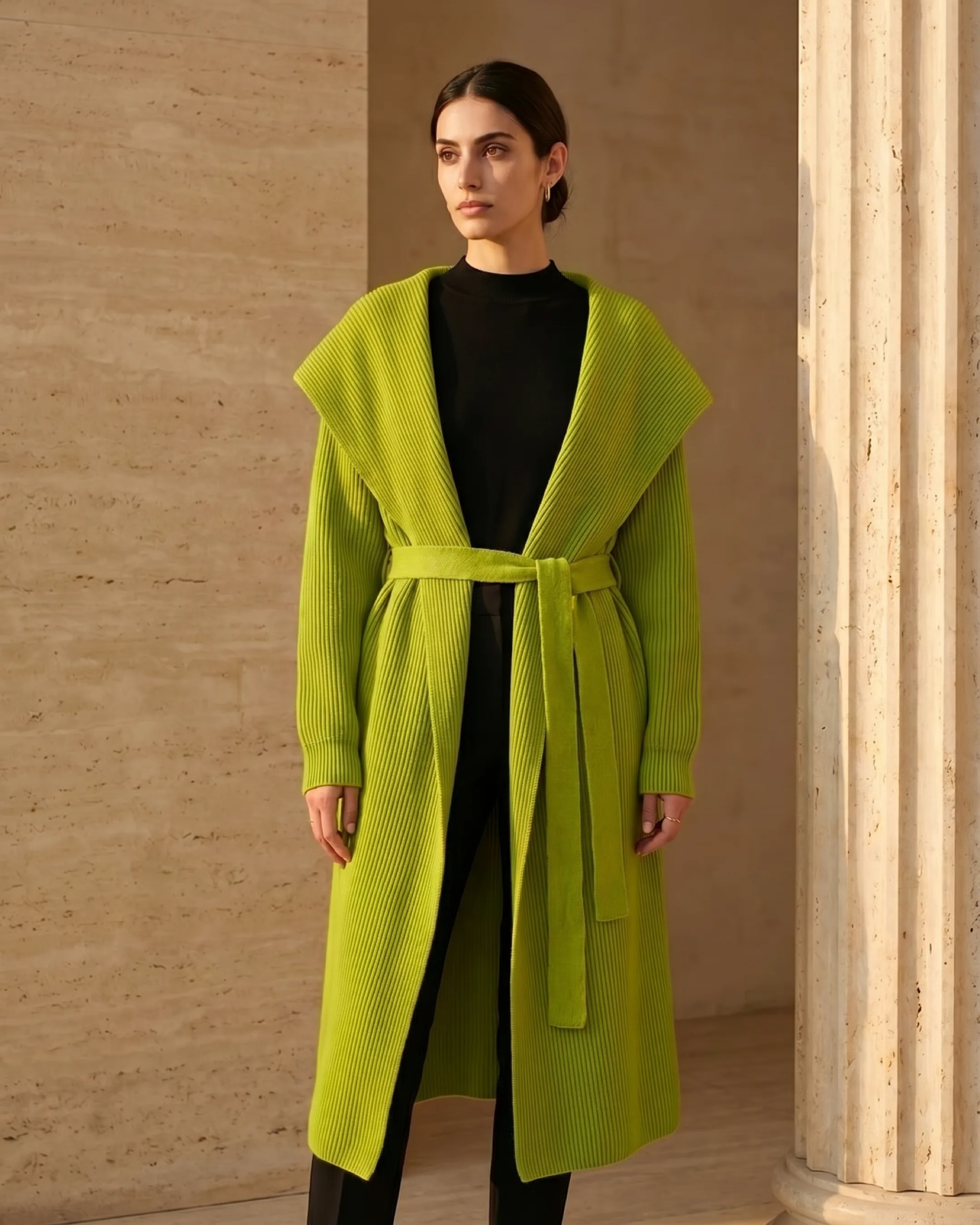 Hugo Caesar Tassi Agrippina ribbed alpaca-wool cardigan-coat in Verde Antico green with a draped shawl collar and self-tie belt, worn open over a black knit