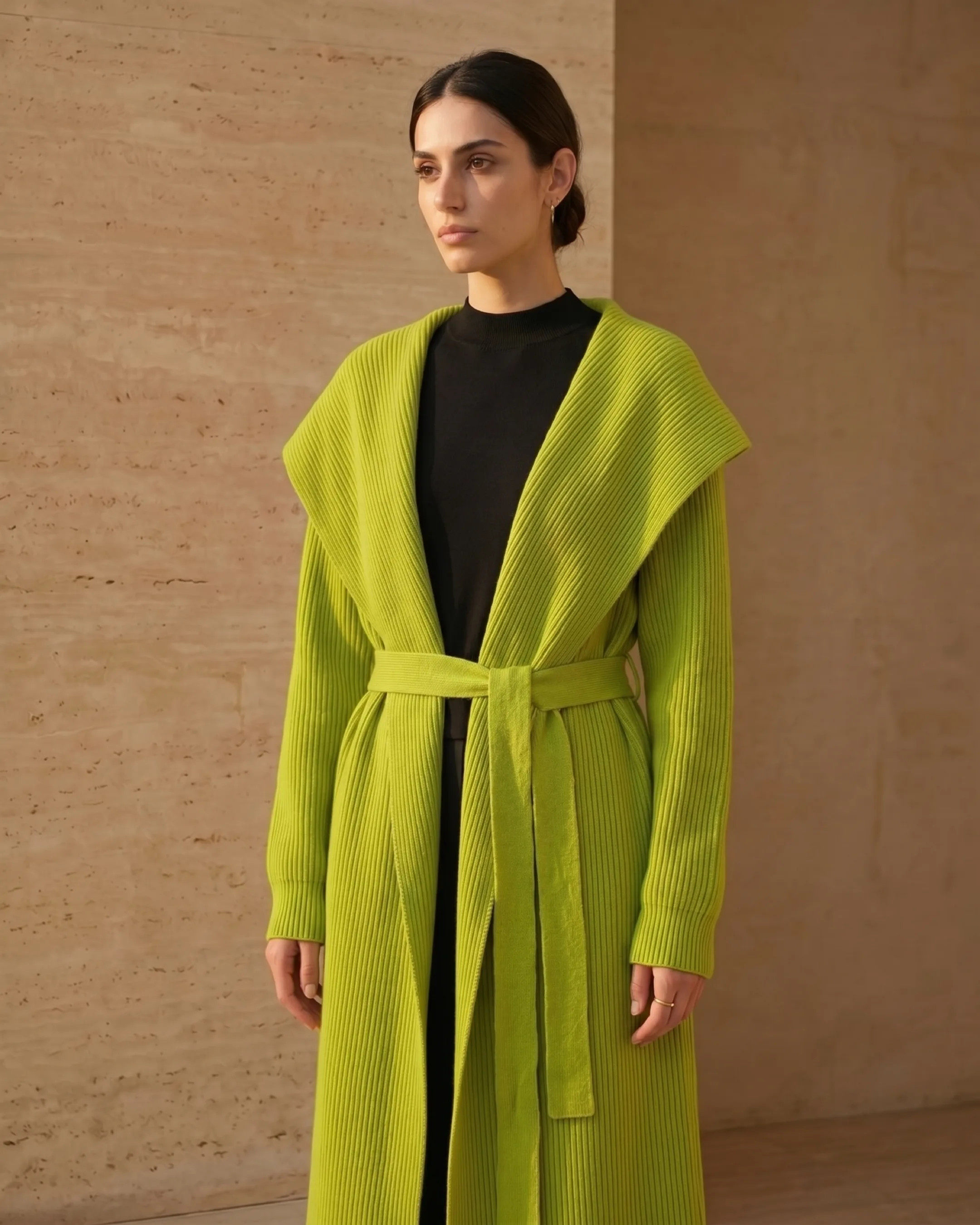 Hugo Caesar Tassi Agrippina draped shawl collar and ribbed self-tie belt detail in Verde Antico green