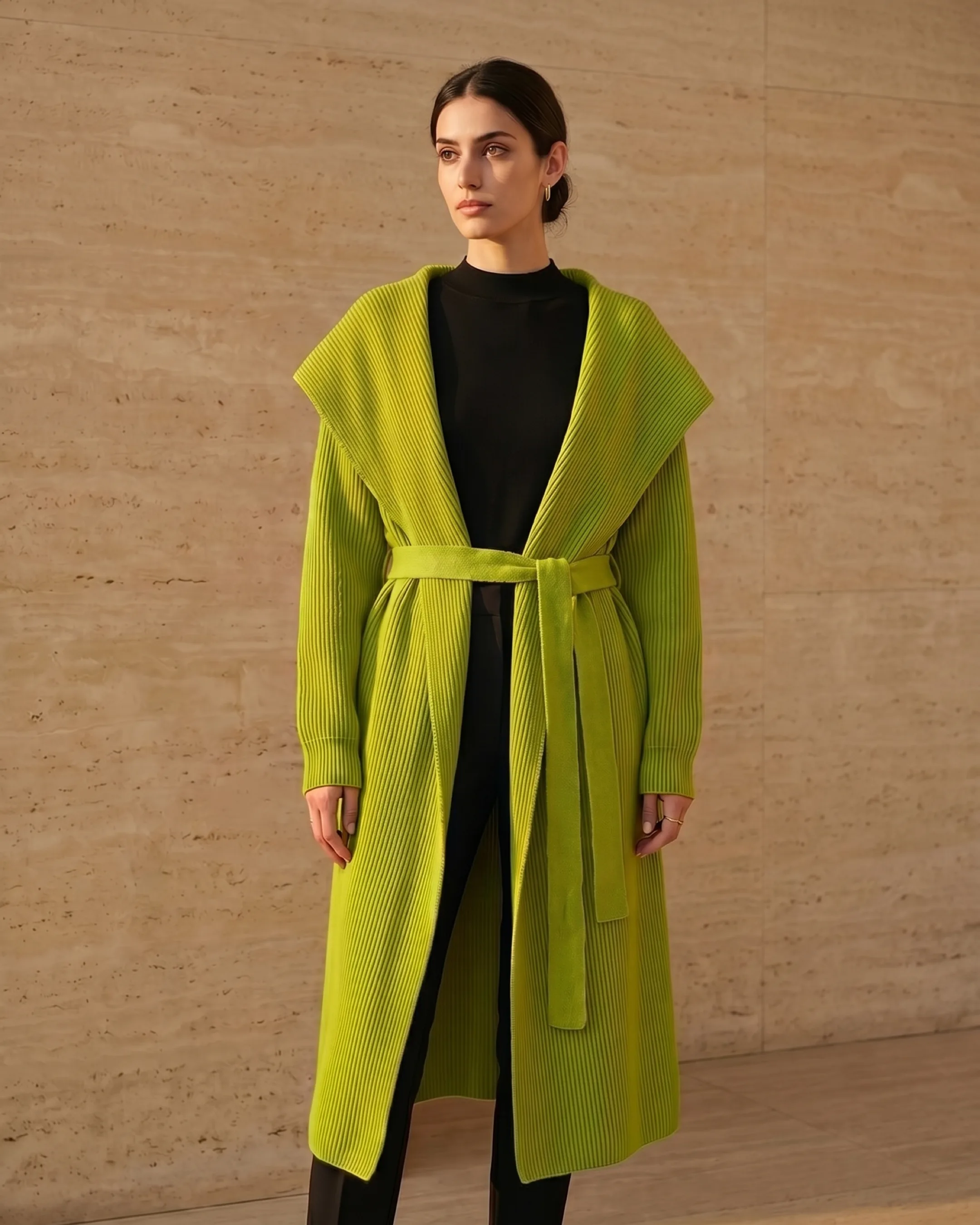 Hugo Caesar Tassi Agrippina cardigan-coat editorial beside a fluted travertine column in golden light