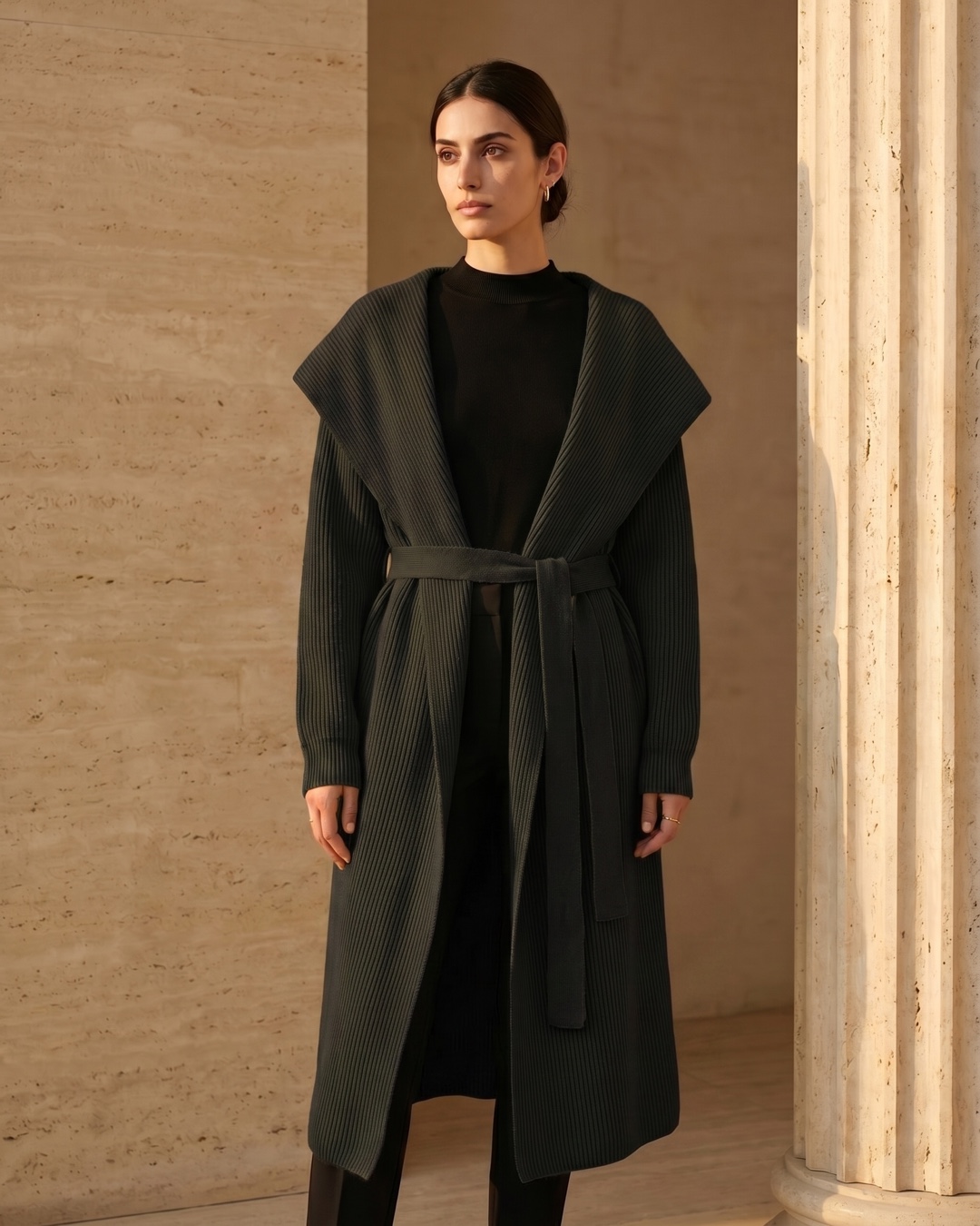 Agrippina Shawl-Collar Belted Knit Cardigan-Coat in Basalt — Hugo Caesar Tassi