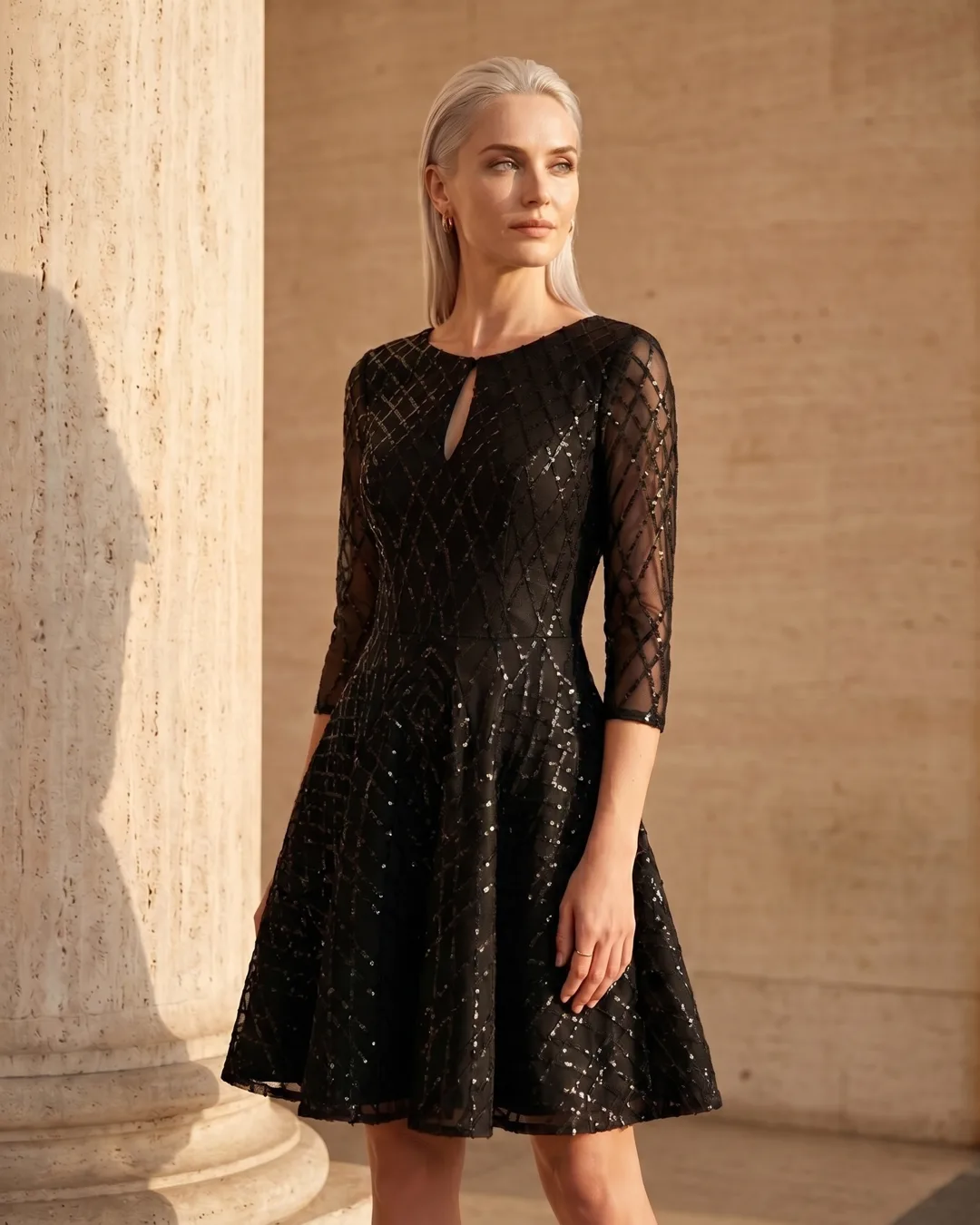 Albia Sequin-Lattice Fit-and-Flare Cocktail Dress in Basalt — Hugo Caesar Tassi