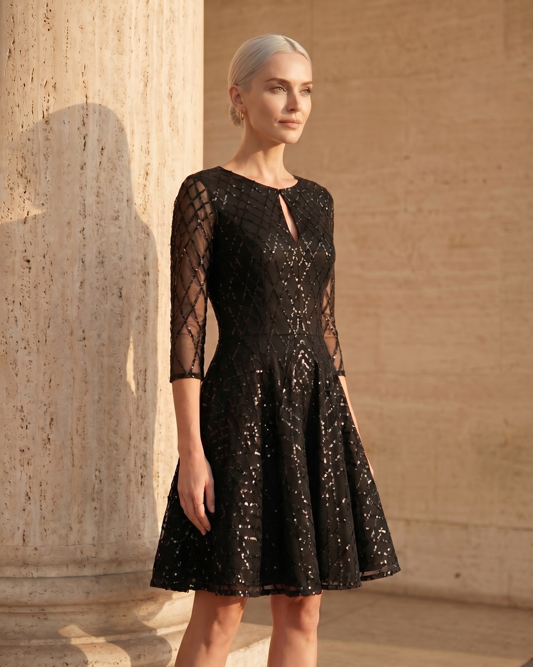 Hugo Caesar Tassi Albia fit-and-flare cocktail dress photographed beside a fluted travertine column in soft golden afternoon light