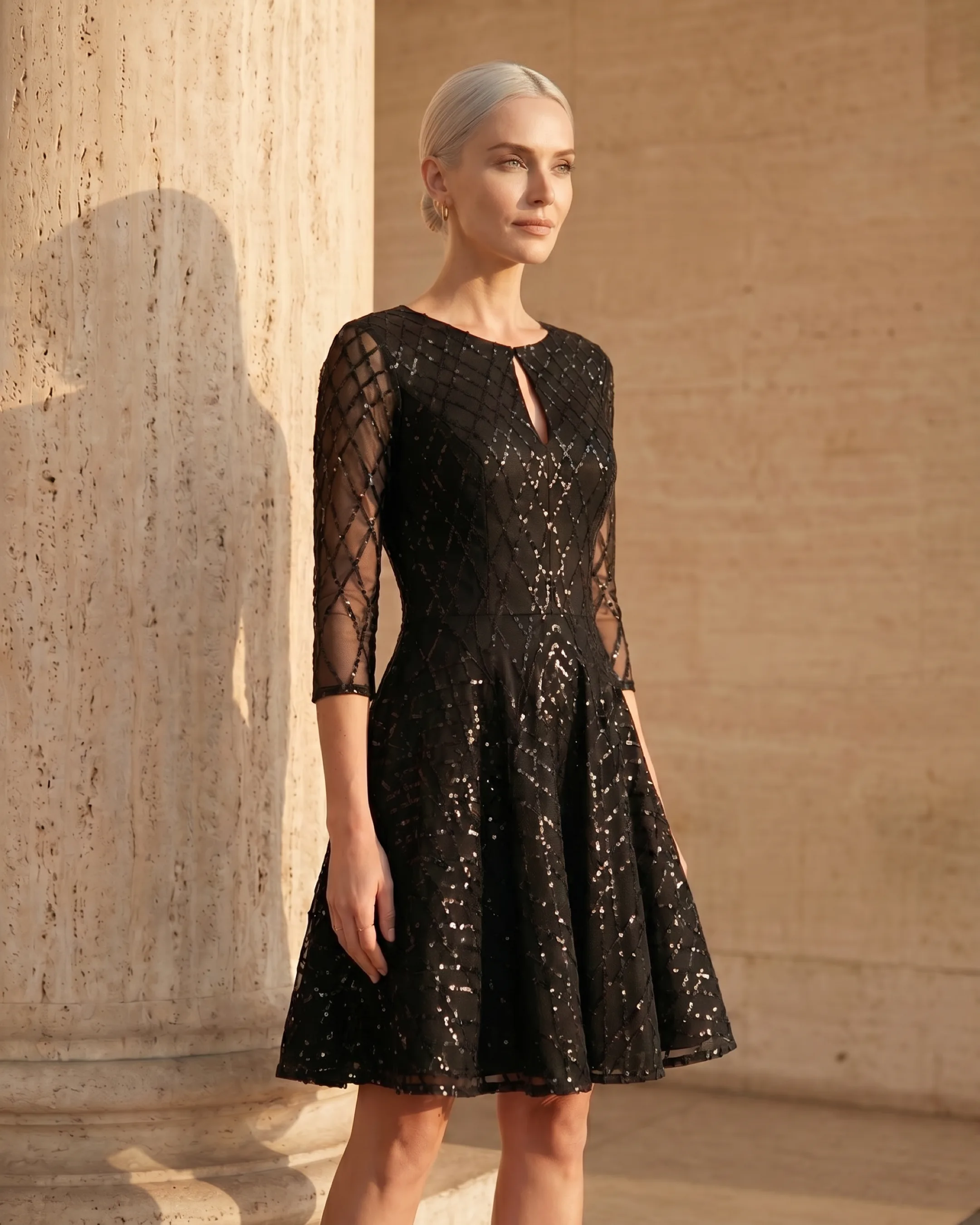 Hugo Caesar Tassi Albia fit-and-flare cocktail dress photographed beside a fluted travertine column in soft golden afternoon light
