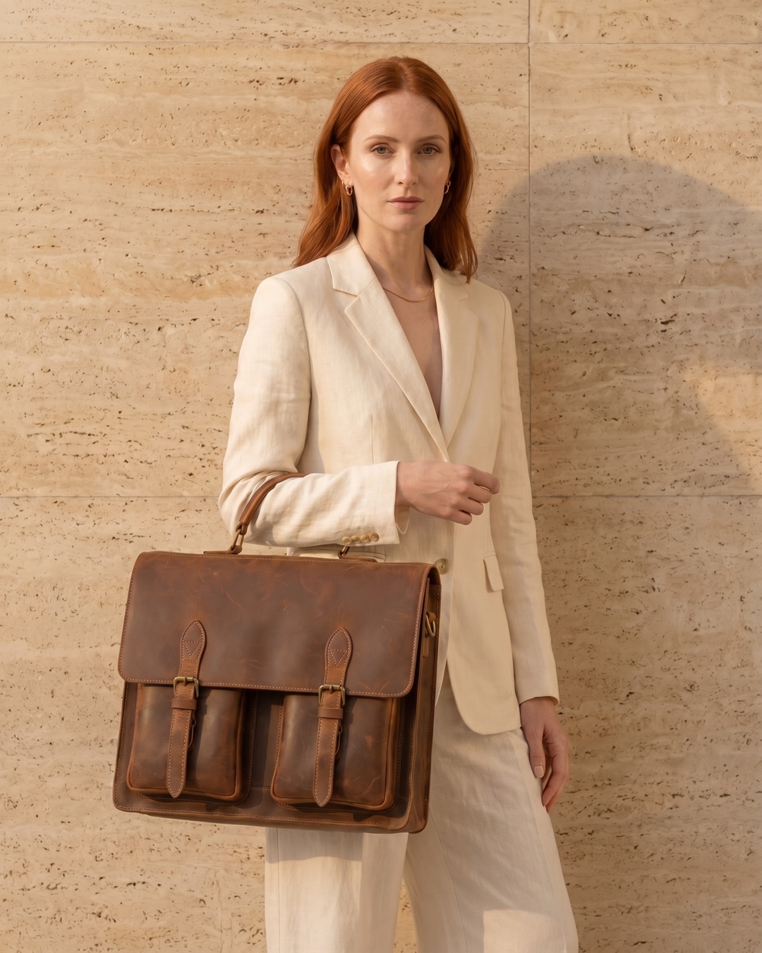 Hugo Caesar Tassi Appia cowhide work tote in Cuoio carried by the top handle against a fluted travertine column