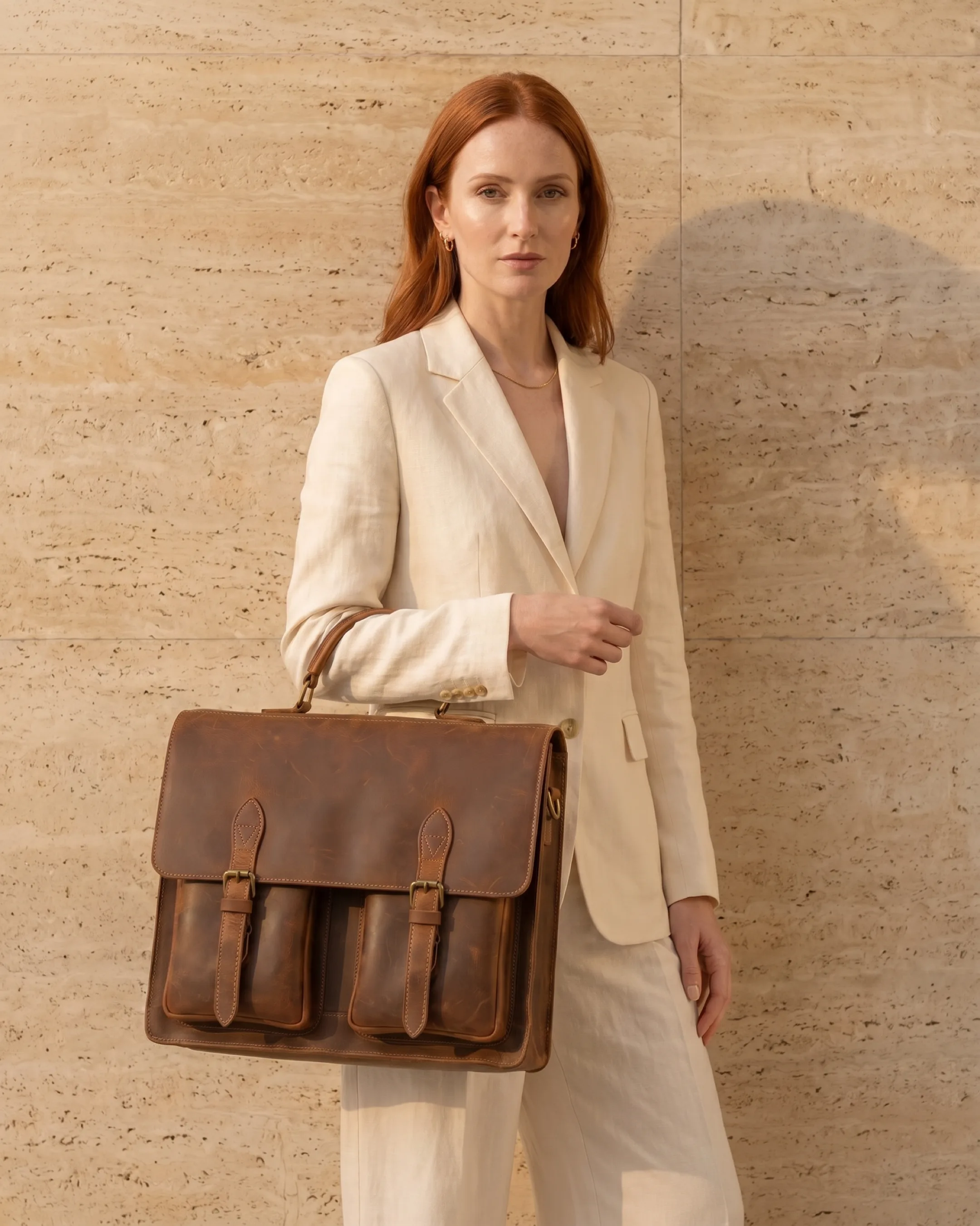 Hugo Caesar Tassi Appia cowhide work tote in Cuoio carried by the top handle against a fluted travertine column
