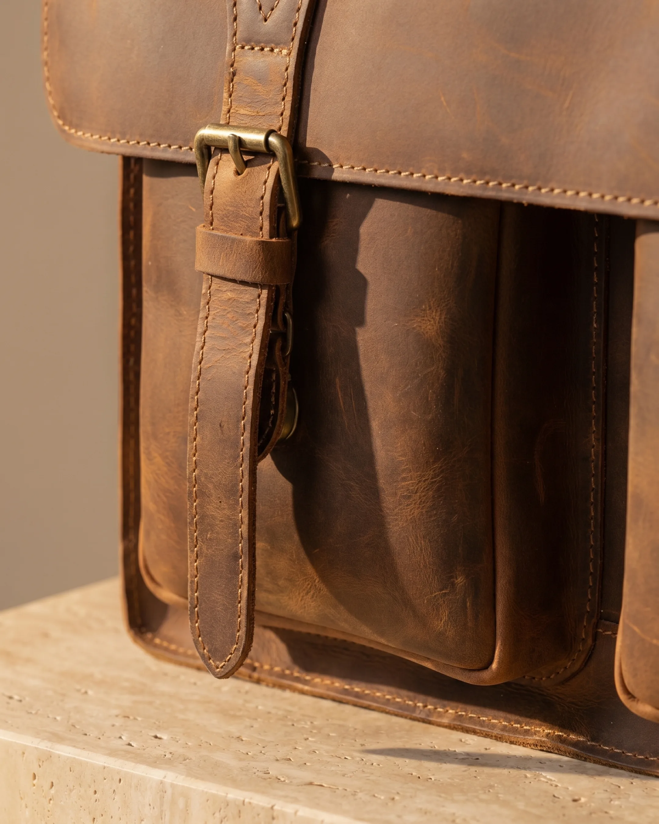 Hugo Caesar Tassi Appia macro of the distressed Crazy-Horse cowhide grain, antique-brass roller buckle, strap keeper and saddle stitching