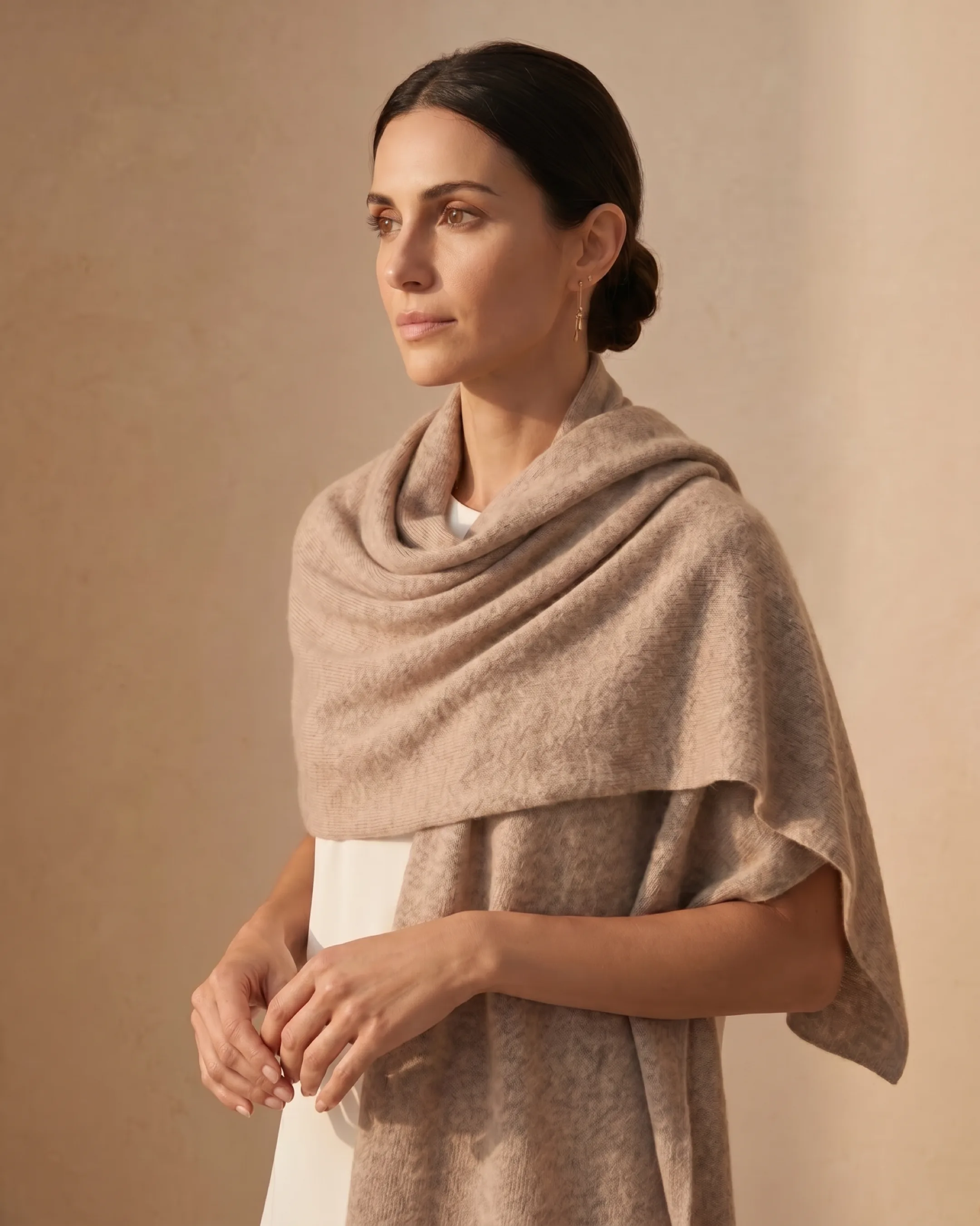 Hugo Caesar Tassi Aquileia cashmere stole in Travertine draped around the shoulders in a warm travertine interior