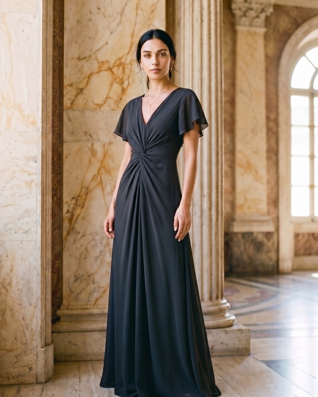 A model styling the Hugo Caesar Tassi Capitolina with the Portia dress in a Roman travertine setting — shop the look