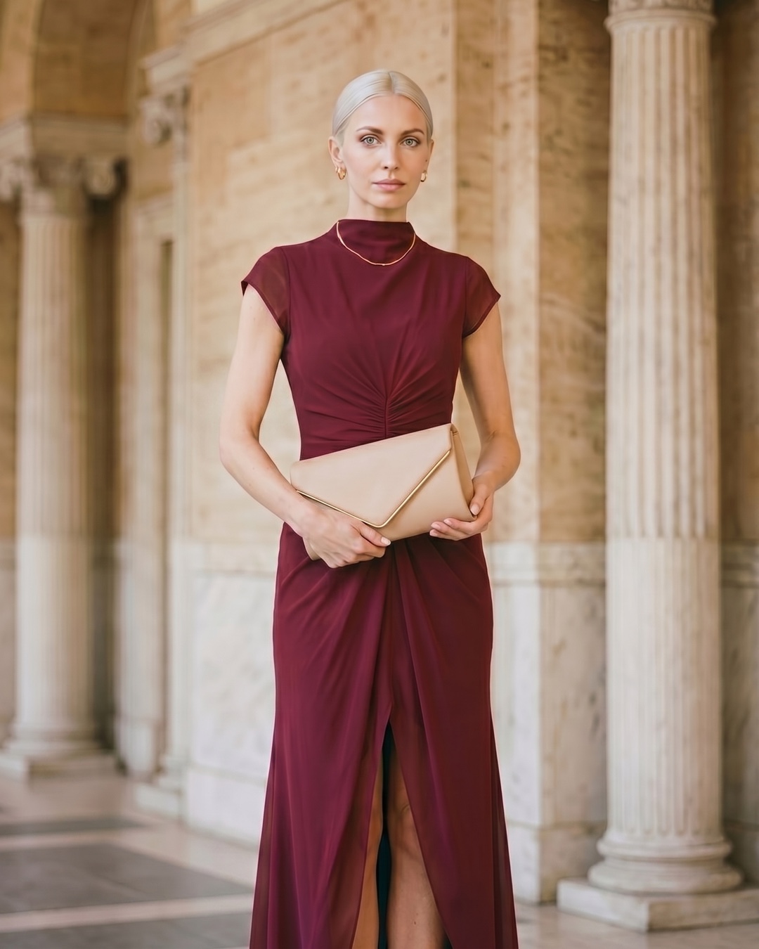 A model wearing the Hugo Caesar Tassi Claudia pleated-slit maxi evening gown, holding the sand/nude leather envelope clutch, in a Roman travertine hall — Hugo Caesar Tassi