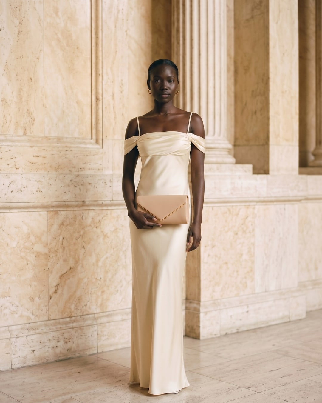 A model wearing the Hugo Caesar Tassi Flavia strapless off-shoulder satin gown, holding the sand/nude leather envelope clutch, in a Roman travertine hall — Hugo Caesar Tassi