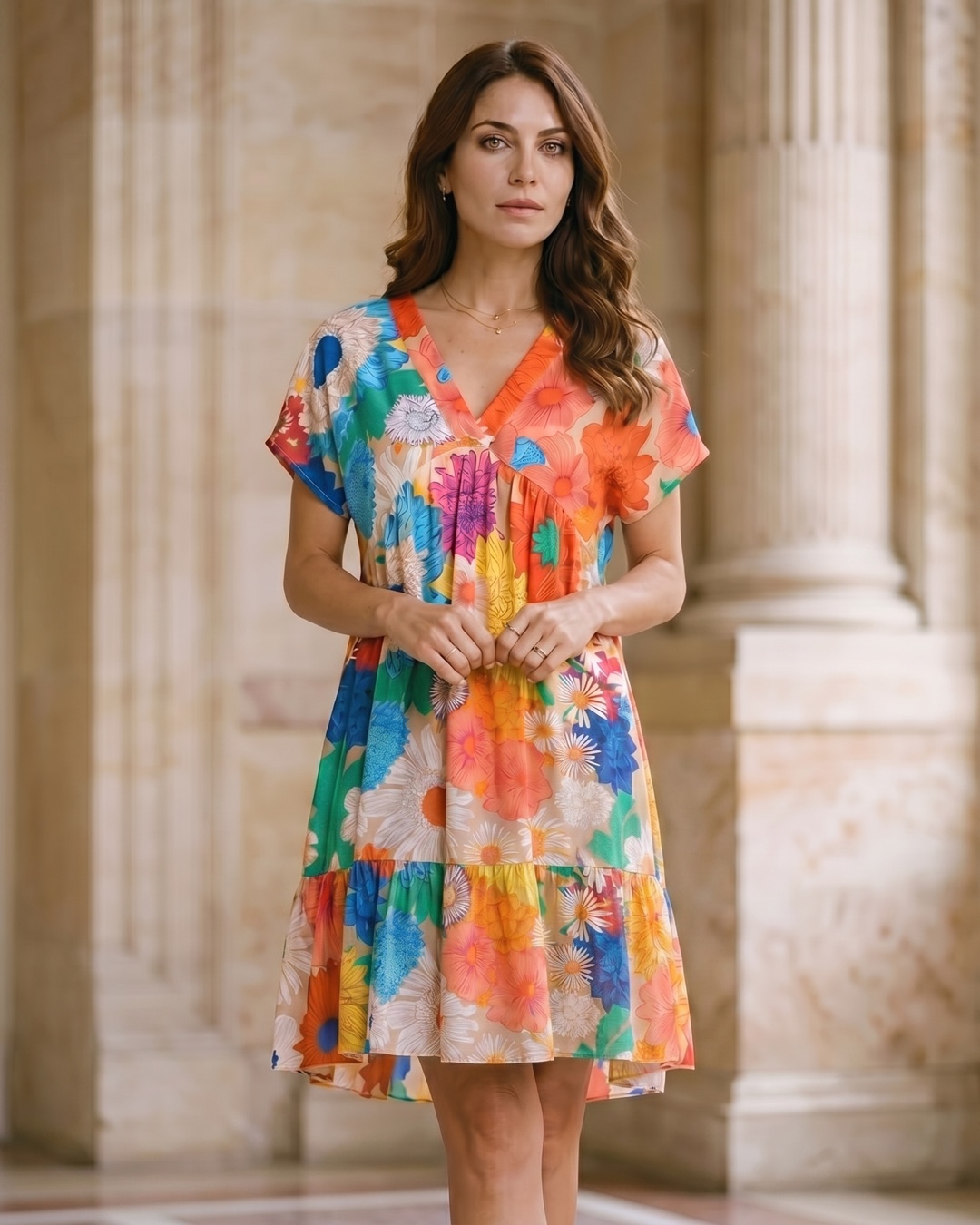 A model styling the Hugo Caesar Tassi Aventina with the Livilla dress in a Roman travertine setting — shop the look