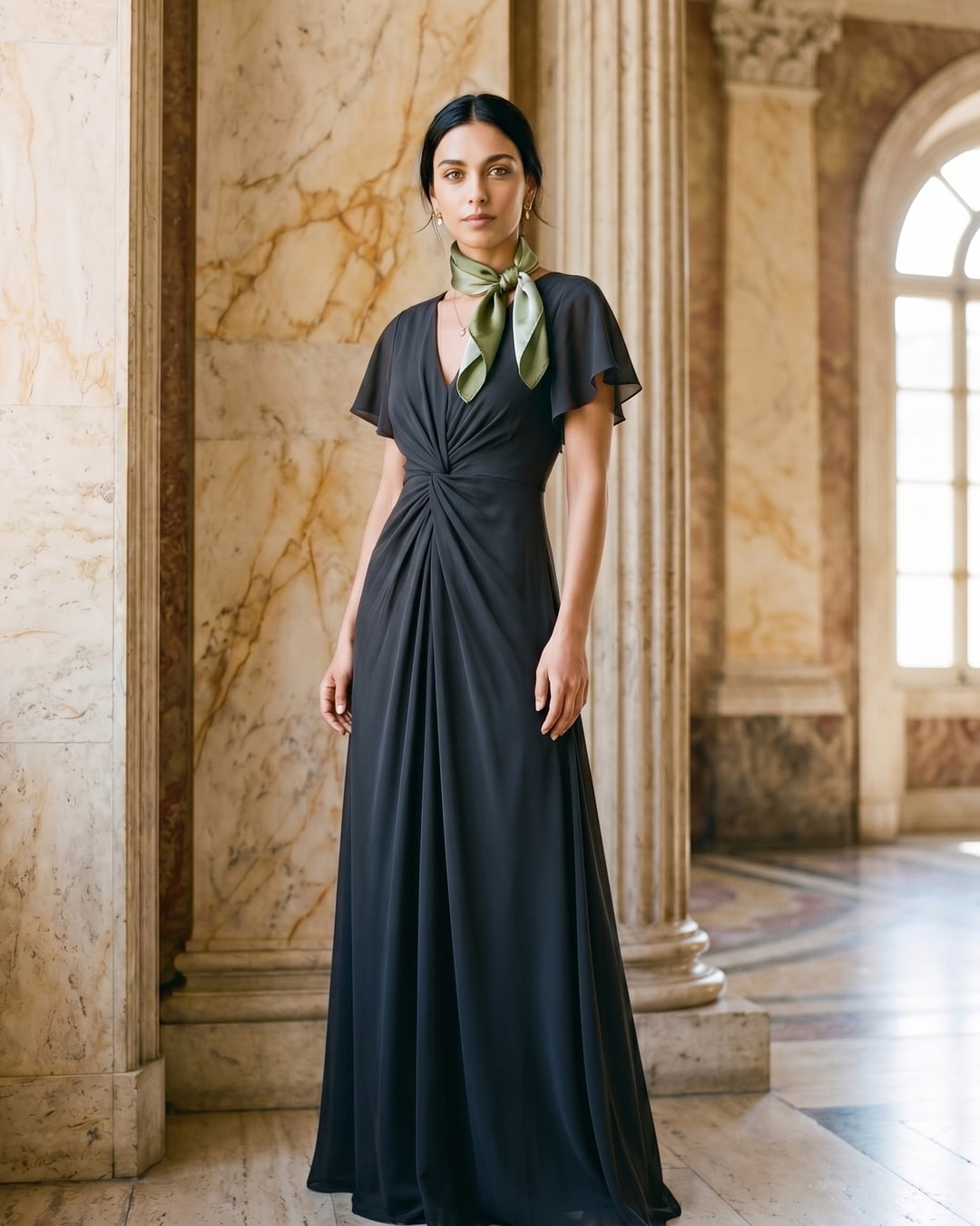 A model wearing the Hugo Caesar Tassi Portia flutter-sleeve chiffon A-line dress, with the Carina olive silk square scarf knotted at the neck, in a Roman travertine hall — Hugo Caesar Tassi