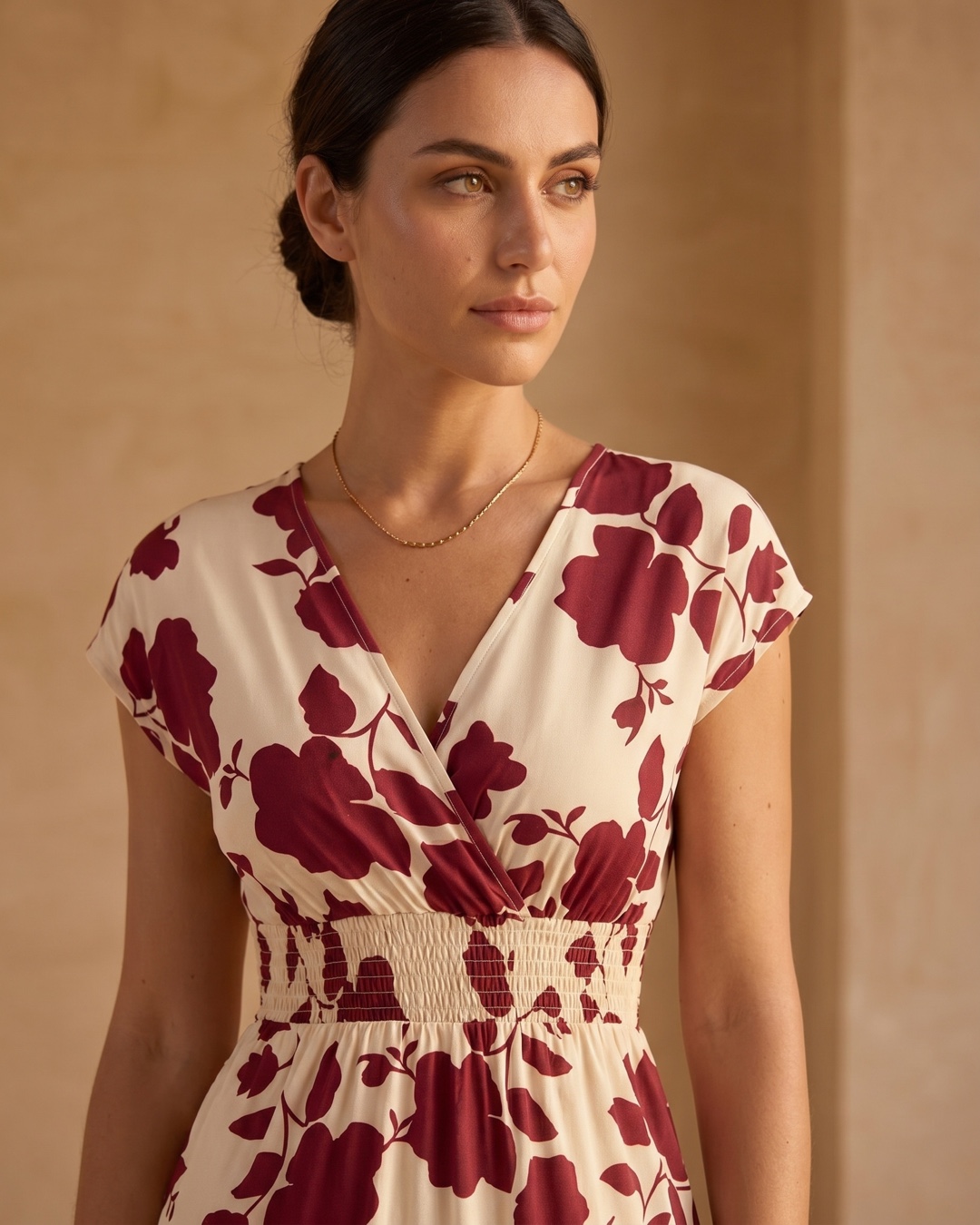 Hugo Caesar Tassi Aurelia close-up of the surplice wrap V-neckline, cap sleeve and shirred empire waist in Porpora floral crepe