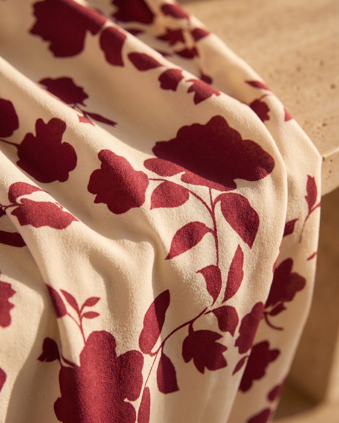 Hugo Caesar Tassi Aurelia macro of the lightweight fluid polyester crepe, wine-red Porpora florals on a warm cream ground