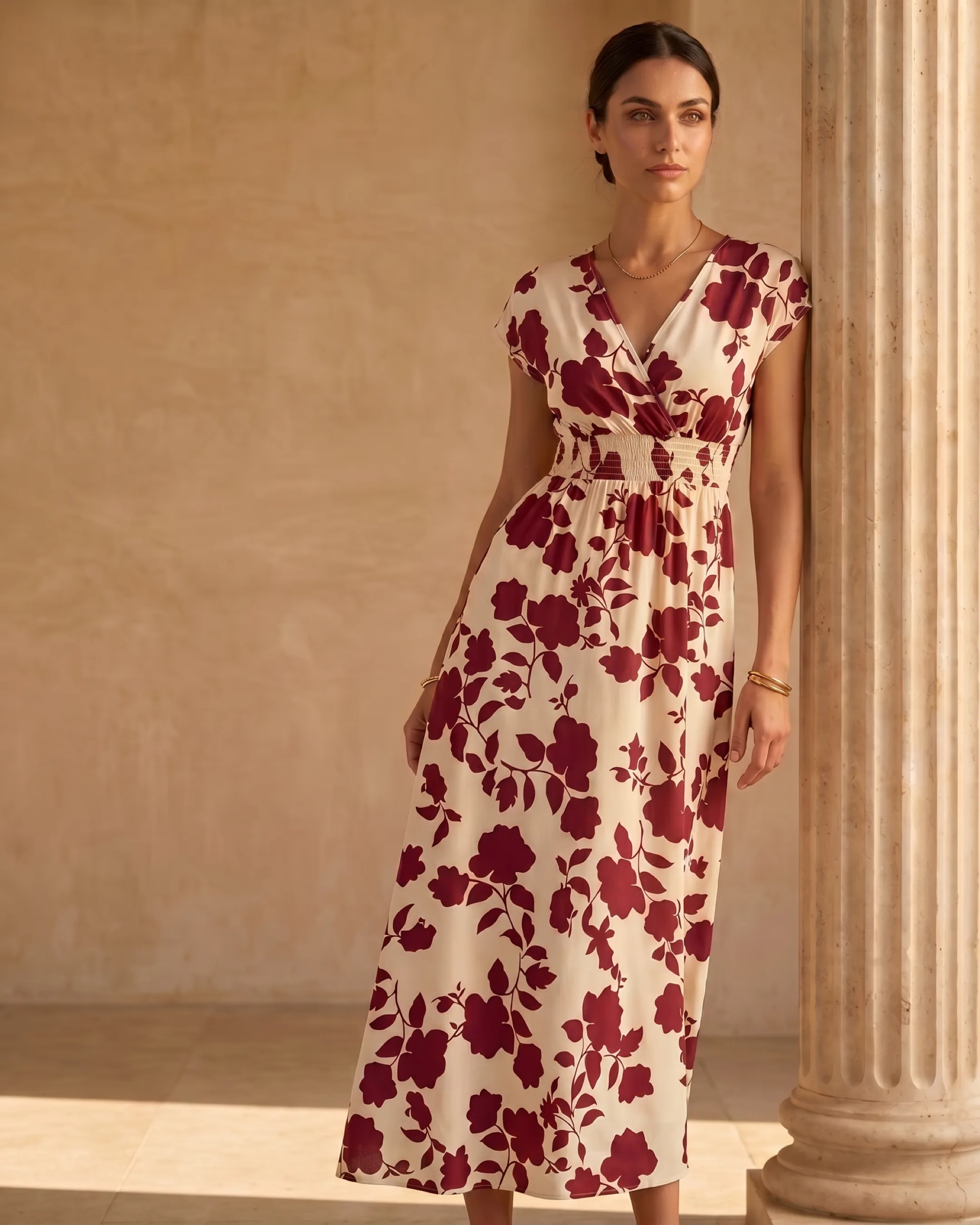 Hugo Caesar Tassi Aurelia wrap midi dress photographed beside a fluted travertine column in soft golden afternoon light