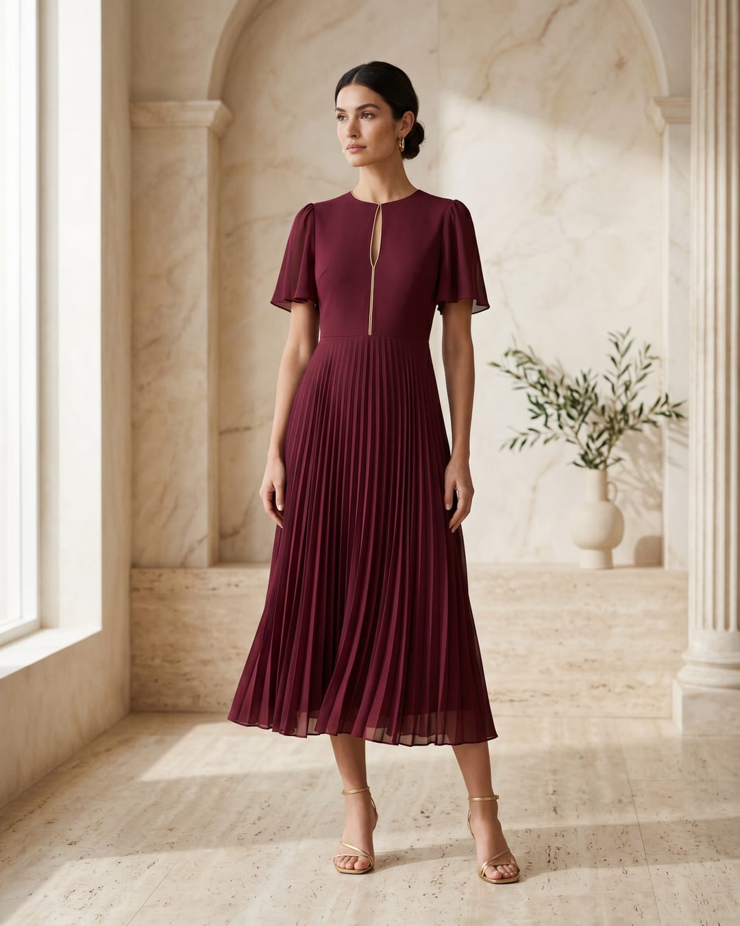 Aurelia pleated chiffon midi dress in Porpora — full front, on model