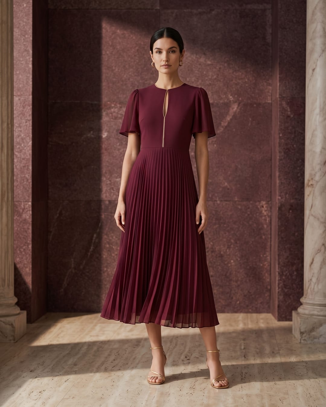 Aurelia pleated chiffon midi dress in Porpora — editorial, Roman colonnade