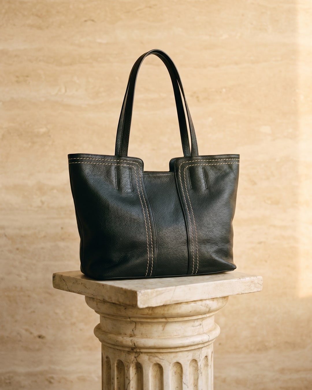 The Hugo Caesar Tassi Aventina soft cowhide slouch tote in Basalt black on a Roman travertine fluted column pedestal, showing the supple grain and contrast saddle-stitching