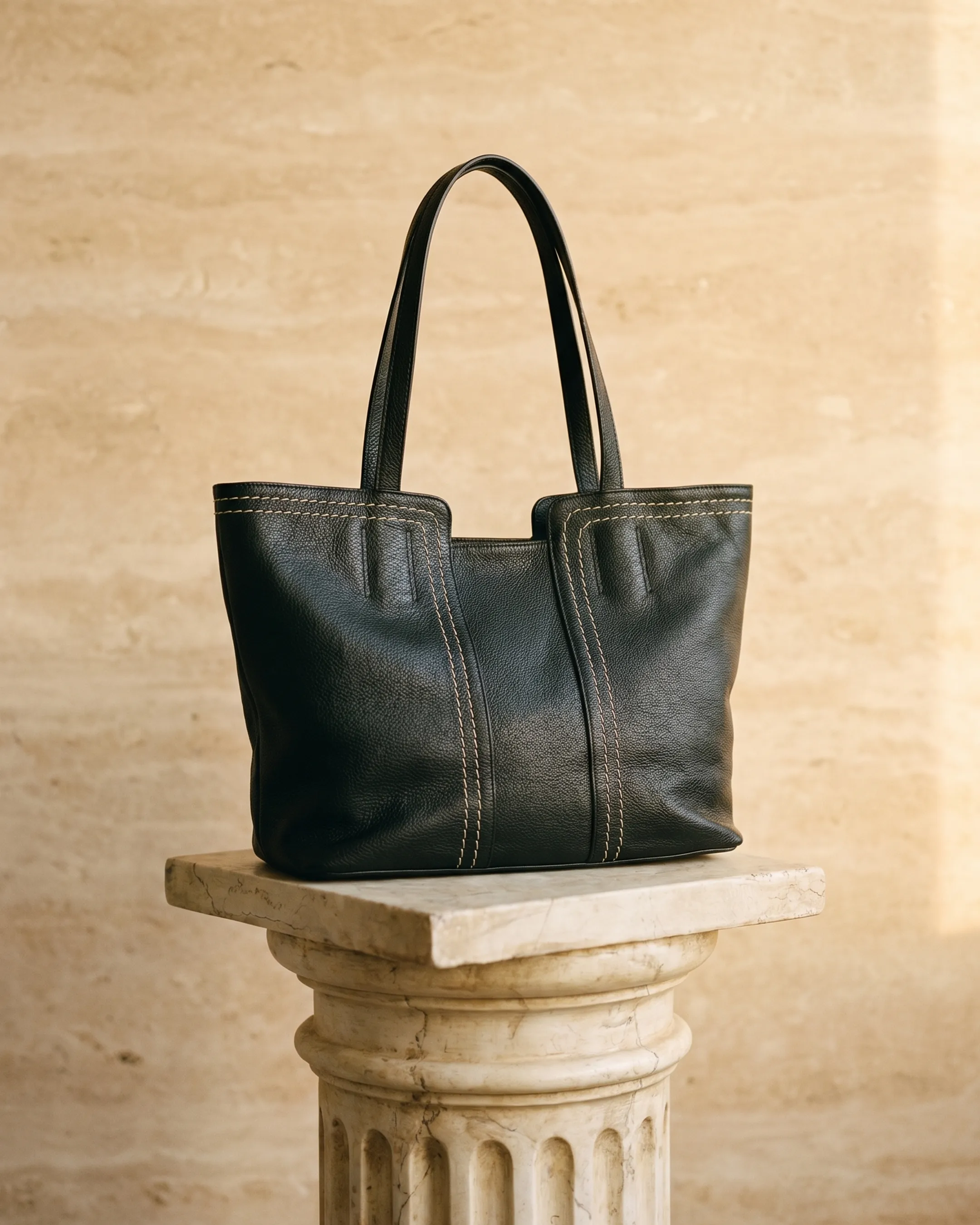The Hugo Caesar Tassi Aventina soft cowhide slouch tote in Basalt black on a Roman travertine fluted column pedestal, showing the supple grain and contrast saddle-stitching