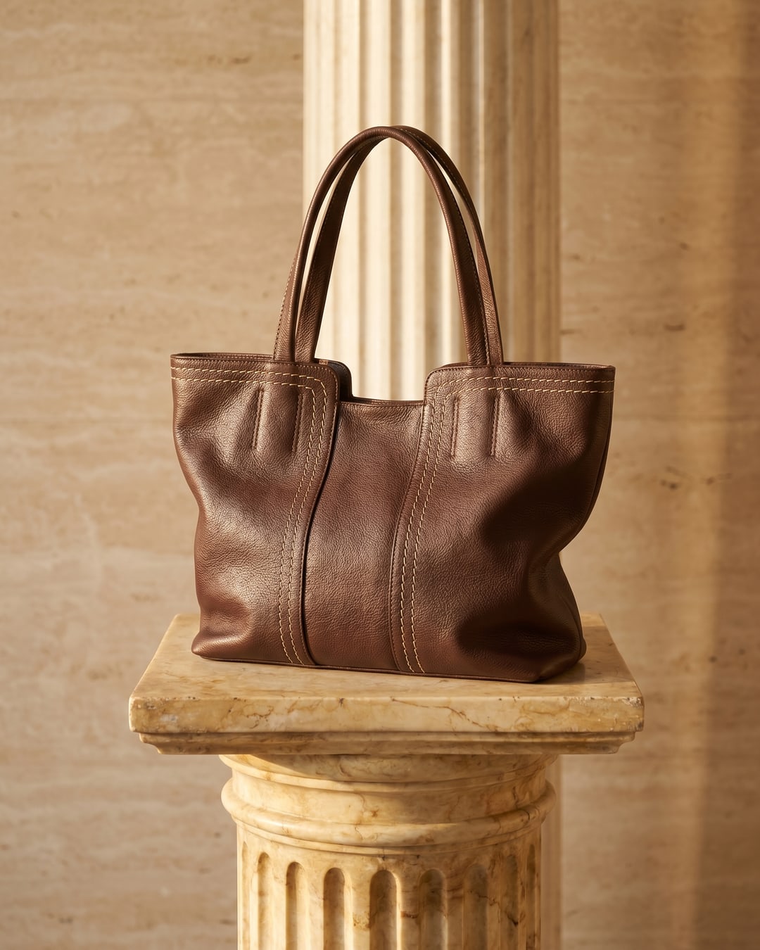 The Hugo Caesar Tassi Aventina soft cowhide slouch tote in warm Cuoio brown on a Roman travertine column pedestal, showing the natural full-grain leather