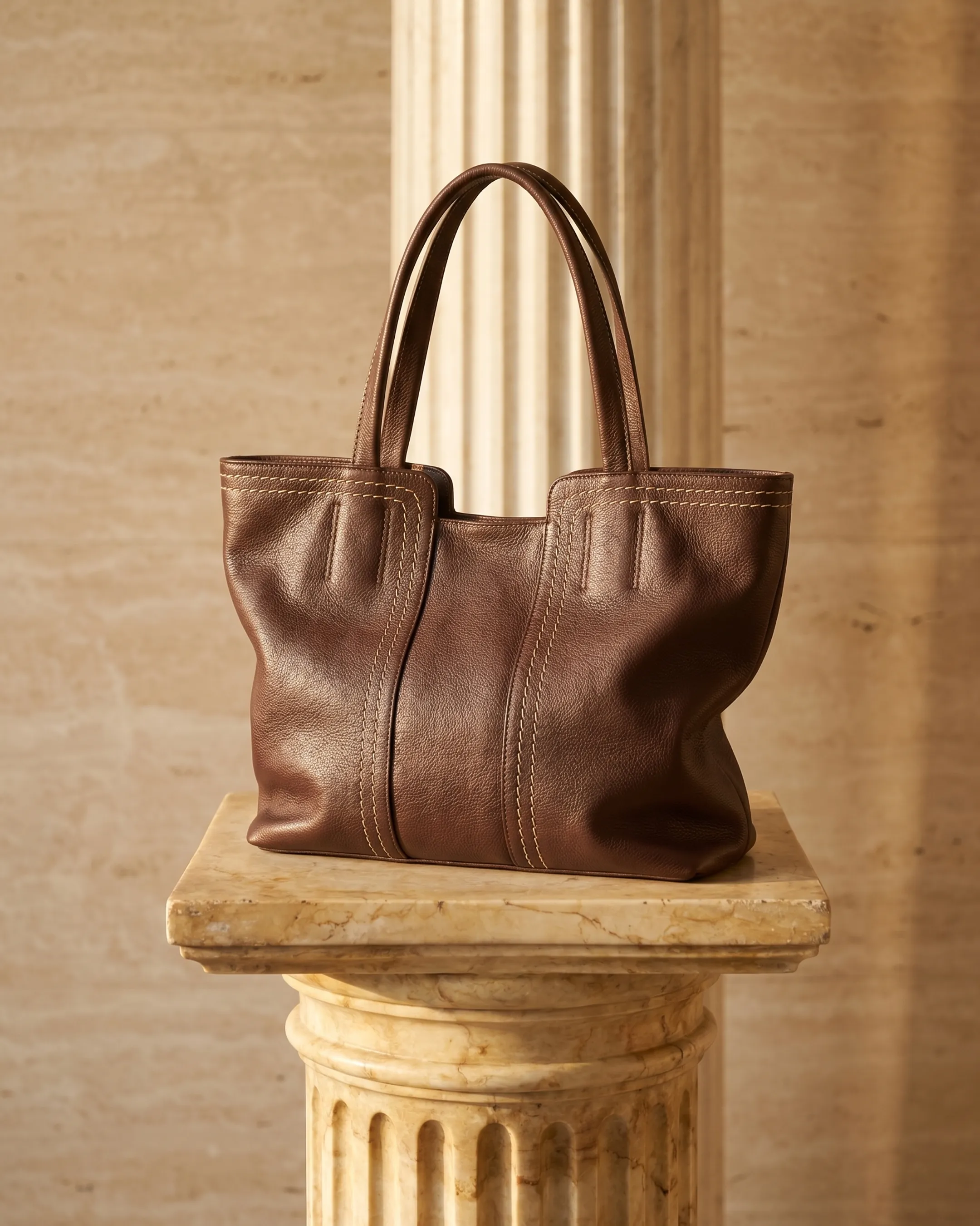 The Hugo Caesar Tassi Aventina soft cowhide slouch tote in warm Cuoio brown on a Roman travertine column pedestal, showing the natural full-grain leather