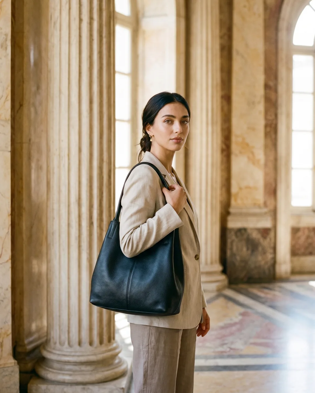 Aventina Soft Cowhide Slouch Tote Bag in Full-Grain Leather in Basalt — Hugo Caesar Tassi