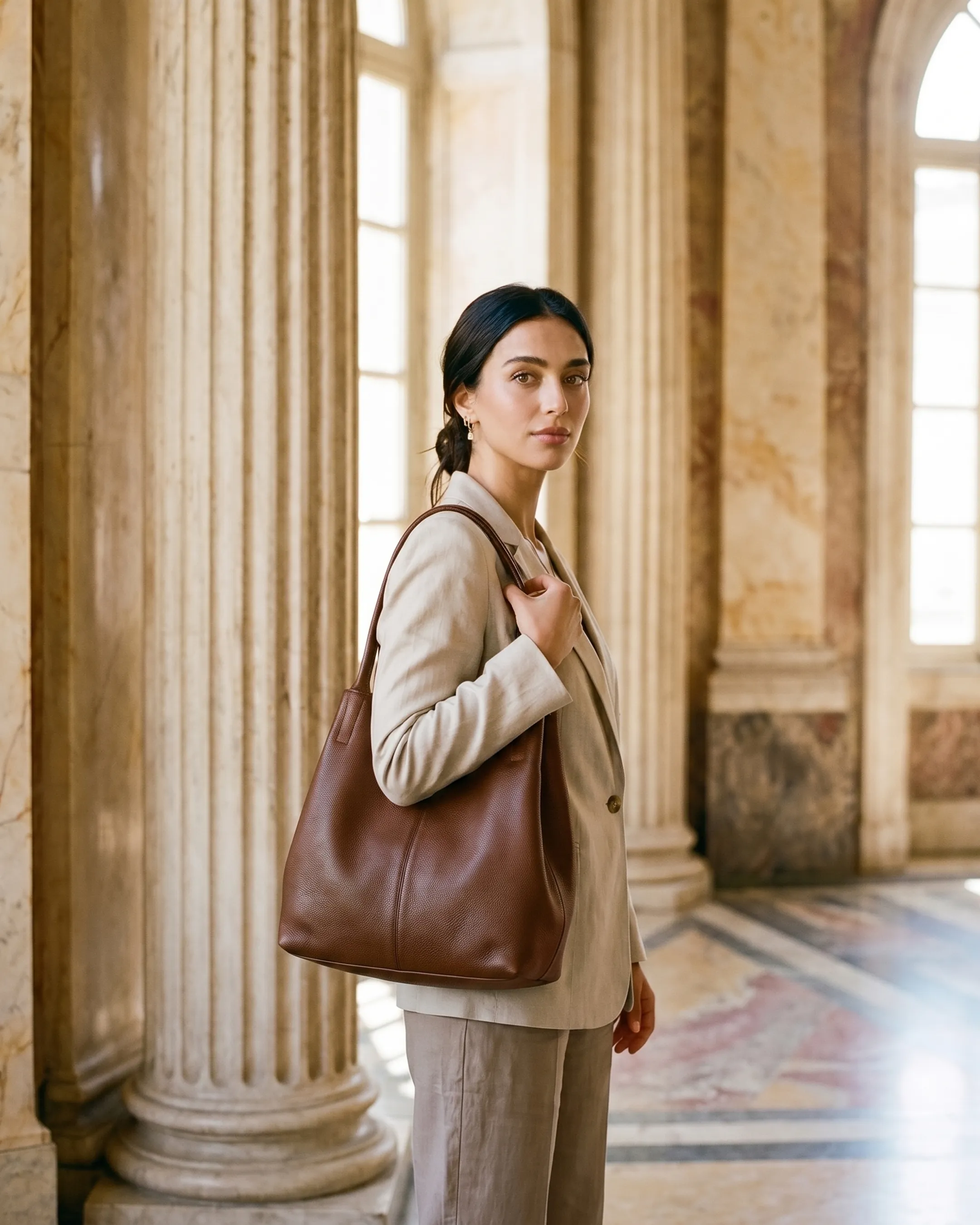 Aventina Soft Cowhide Slouch Tote Bag in Full-Grain Leather in Cuoio — Hugo Caesar Tassi