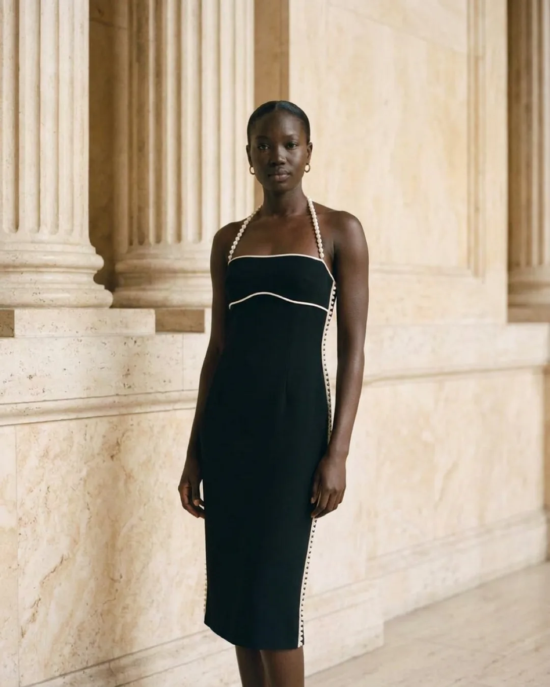 Caecilia Pearl-Trimmed Knee-Length Sheath Cocktail Dress in Basalt — Hugo Caesar Tassi