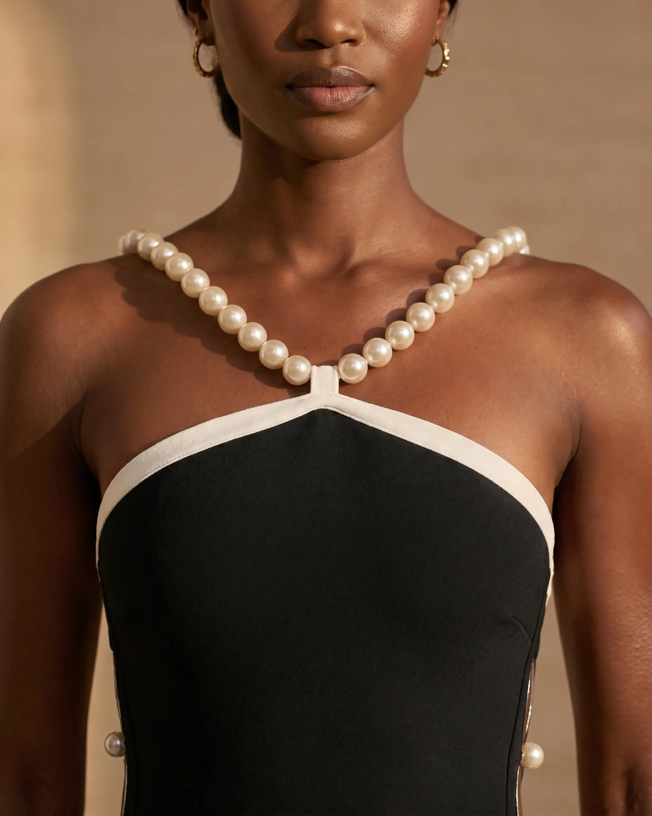 Hugo Caesar Tassi Caecilia close-up of the ivory pearl halter strand and ivory-piped bodice notch over matte black crepe