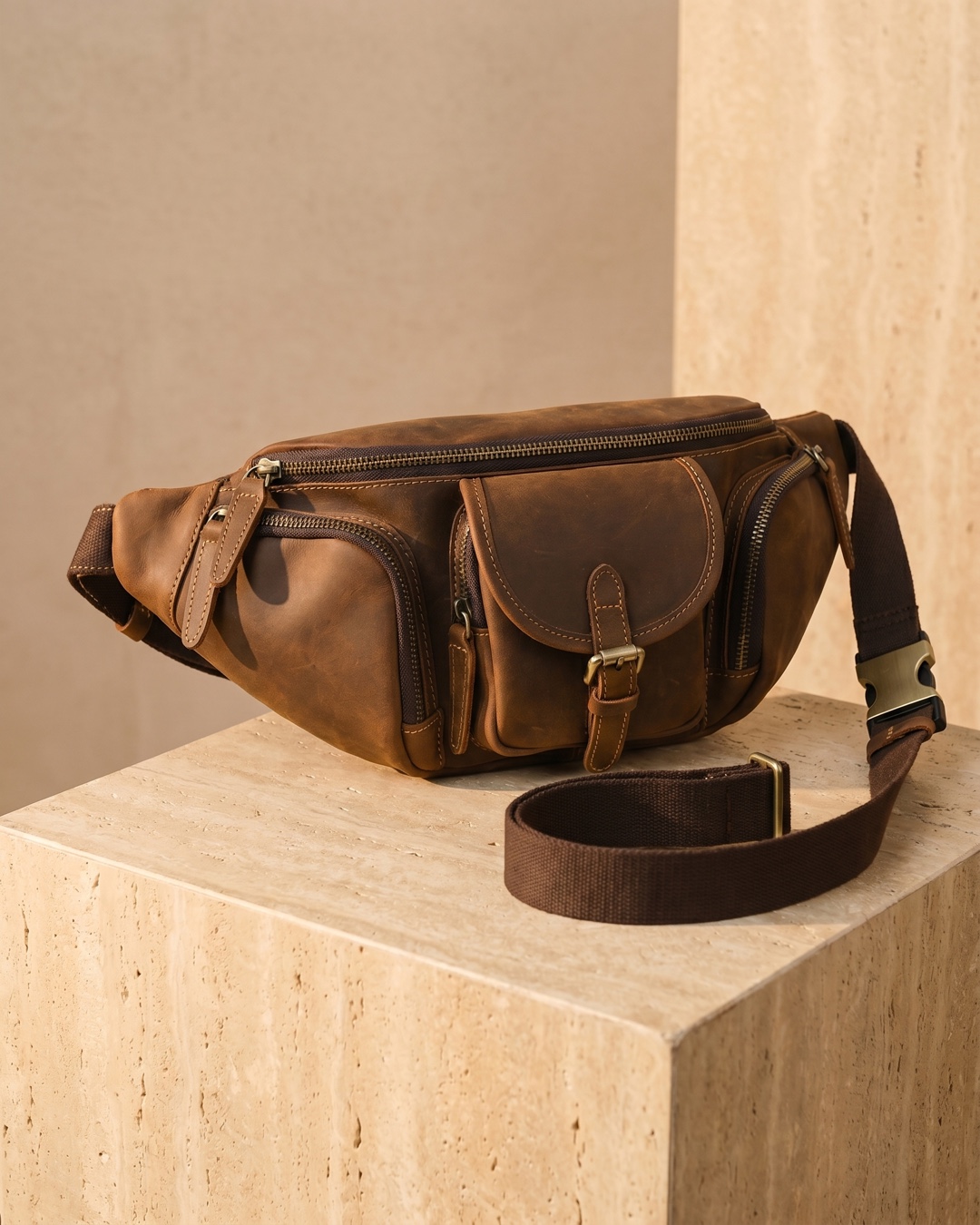 Hugo Caesar Tassi Caelia crescent leather sling crossbody in Cuoio distressed crazy-horse leather with antique-brass buckle, on a warm travertine pedestal