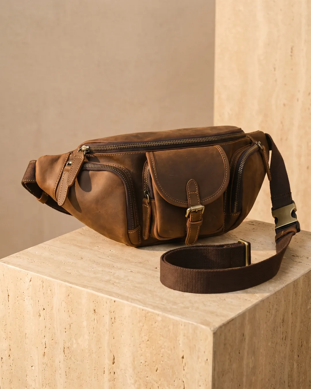 Caelia Crescent Leather Sling Crossbody in Cuoio — Hugo Caesar Tassi