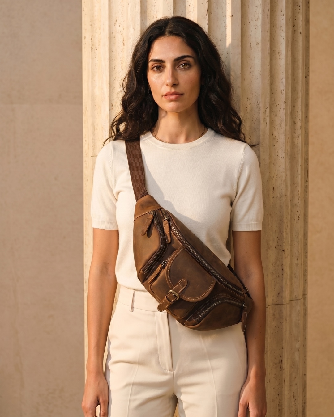 Hugo Caesar Tassi Caelia leather sling worn across the body on its webbing strap against a fluted travertine column