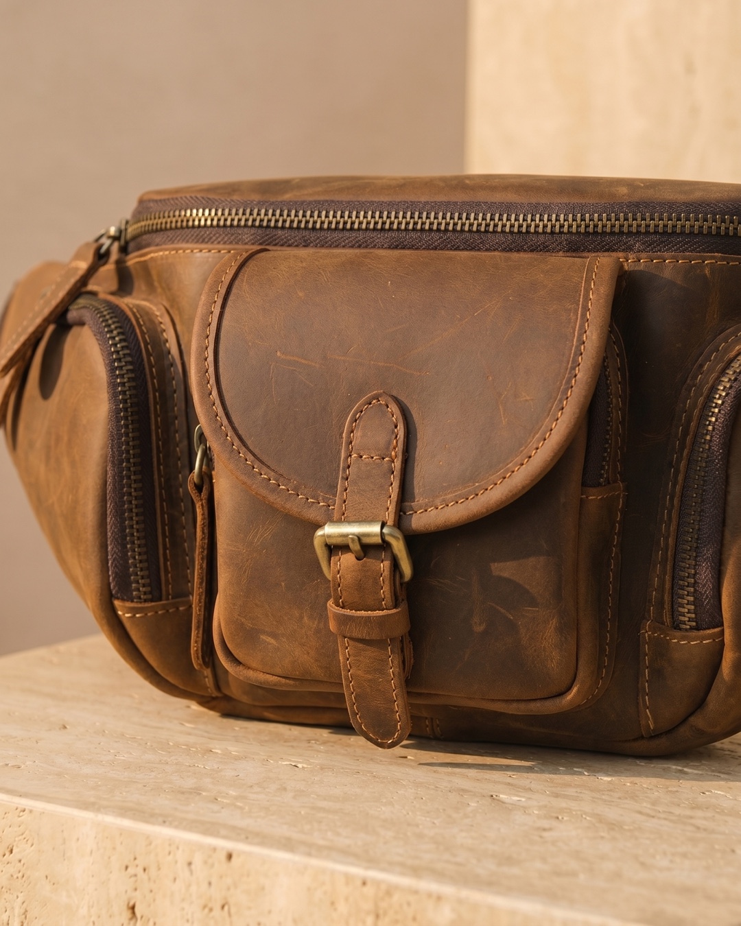 Hugo Caesar Tassi Caelia macro of the distressed crazy-horse leather grain, flap pocket, contrast saddle-stitching and antique-brass buckle