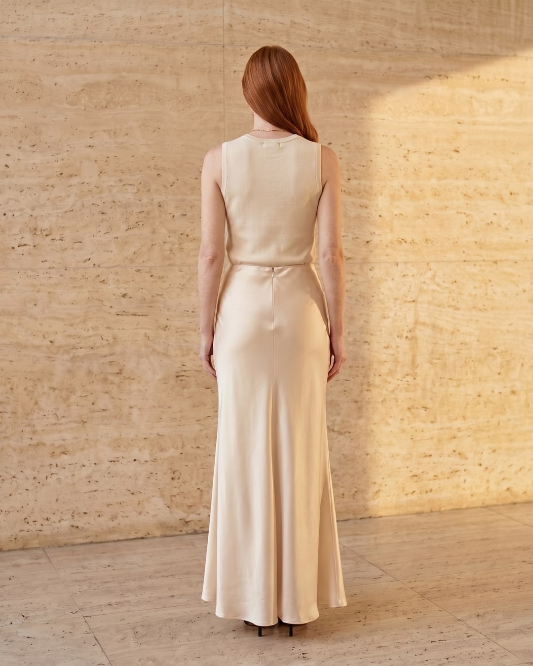 Full-length rear view of the Hugo Caesar Tassi Calpurnia fishtail satin evening gown in Avorio champagne, seen from behind, showing the back of the dress, the concealed back zip, high waist and bias-cut liquid-satin column flaring into the fluted mermaid fishtail in a Roman travertine studio