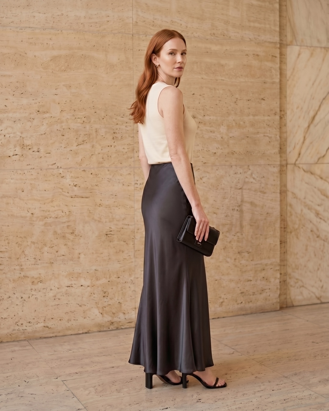 Calpurnia High-Waisted Fishtail Satin Maxi Skirt in Basalt — Hugo Caesar Tassi