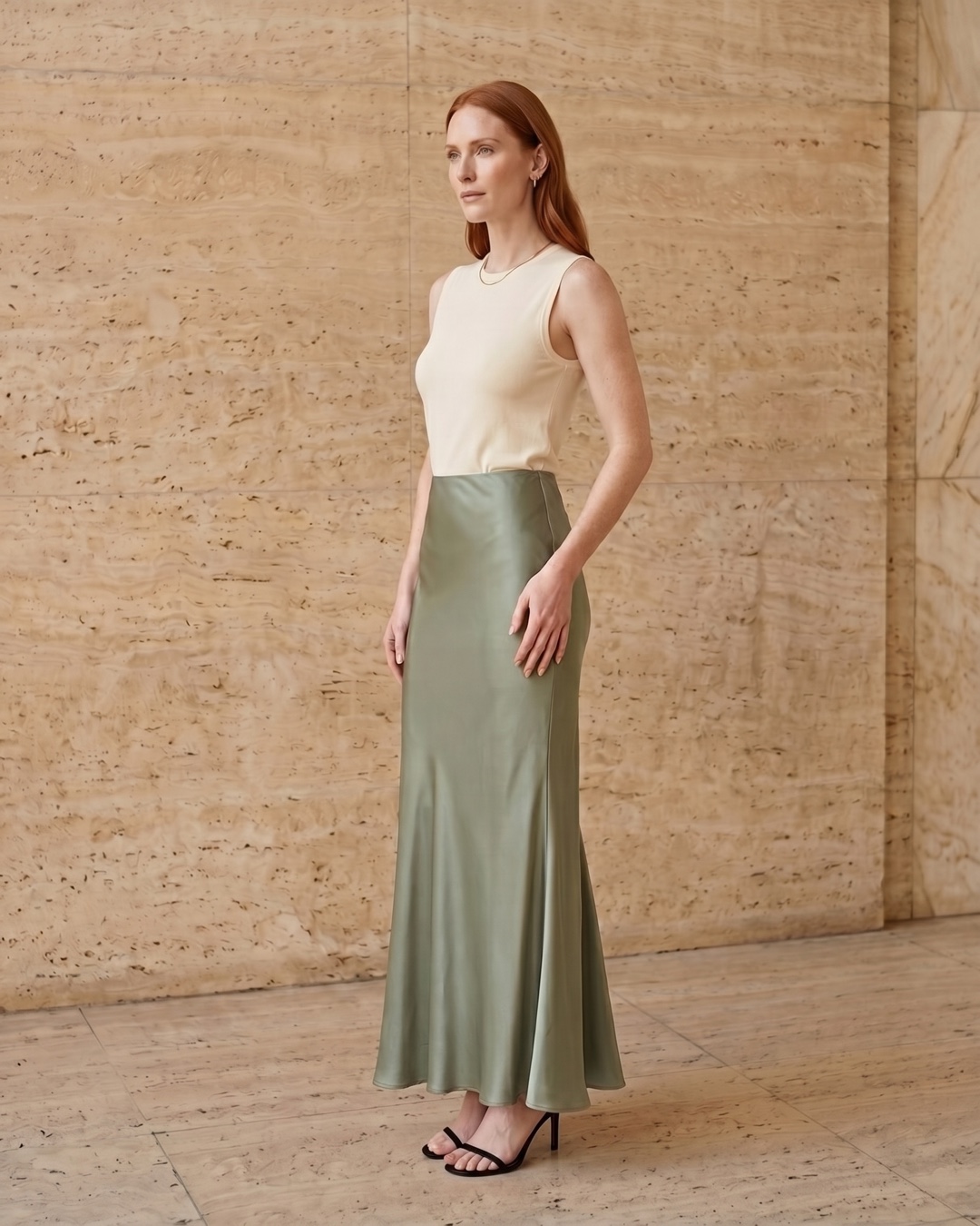Calpurnia High-Waisted Fishtail Satin Maxi Skirt in Verde Antico — Hugo Caesar Tassi