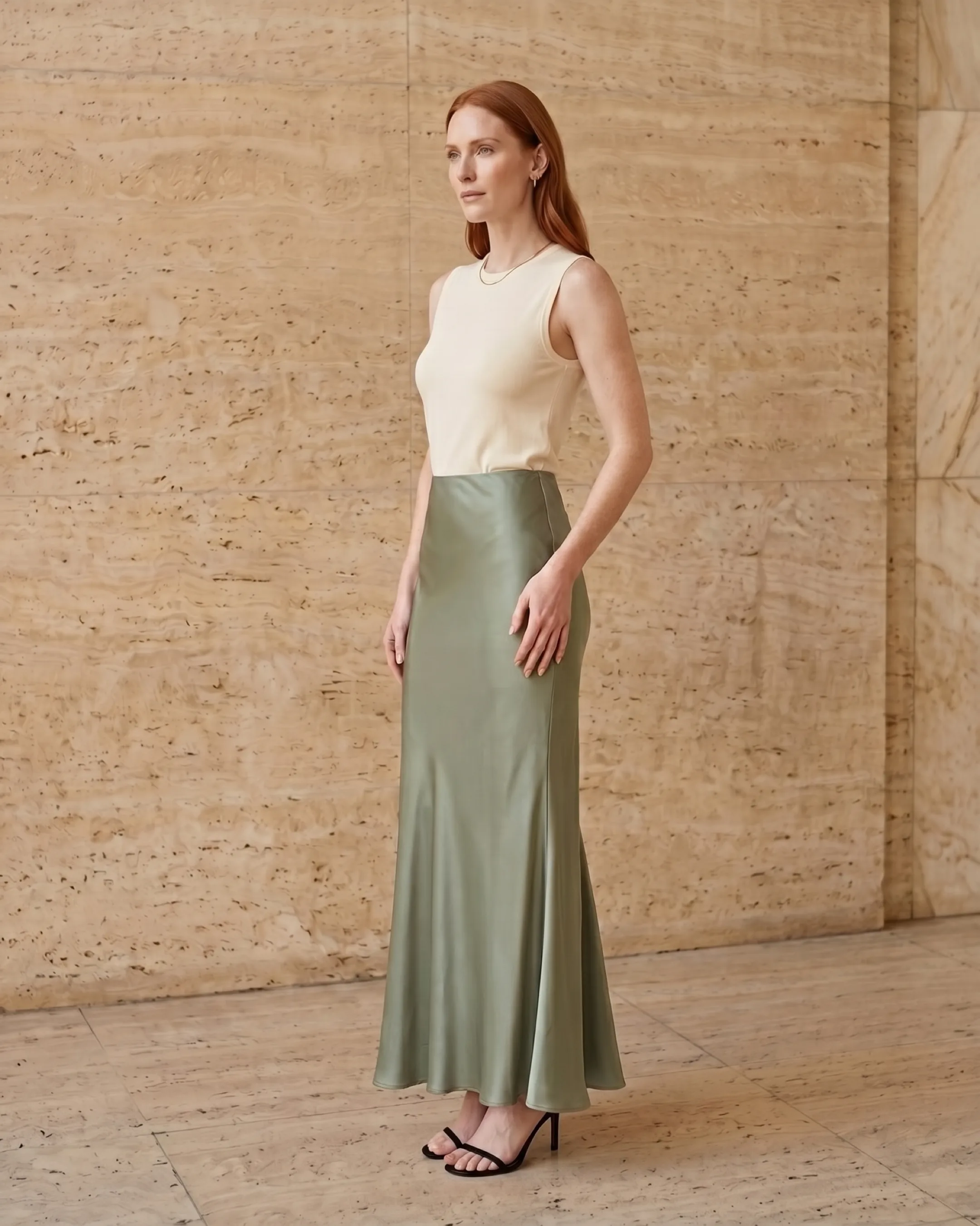 Calpurnia High-Waisted Fishtail Satin Maxi Skirt in Verde Antico — Hugo Caesar Tassi