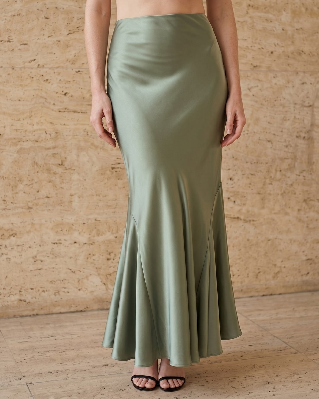 Calpurnia High-Waisted Fishtail Satin Maxi Skirt in Verde Antico — Hugo Caesar Tassi