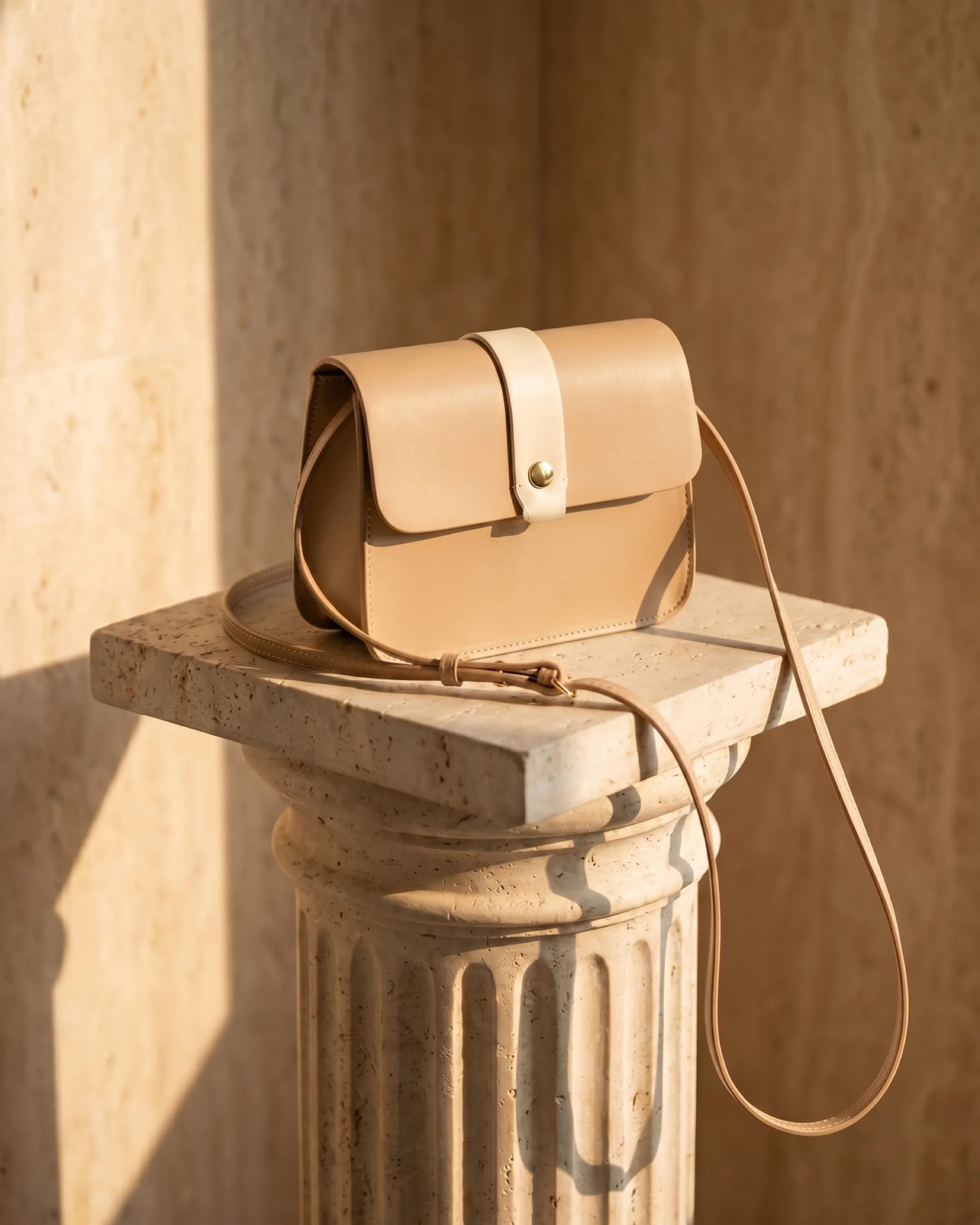 Three-quarter view of the Hugo Caesar Tassi Capitolina crossbody bag in Travertine on a sunlit Roman travertine column plinth, the slim adjustable strap draped over the stone edge