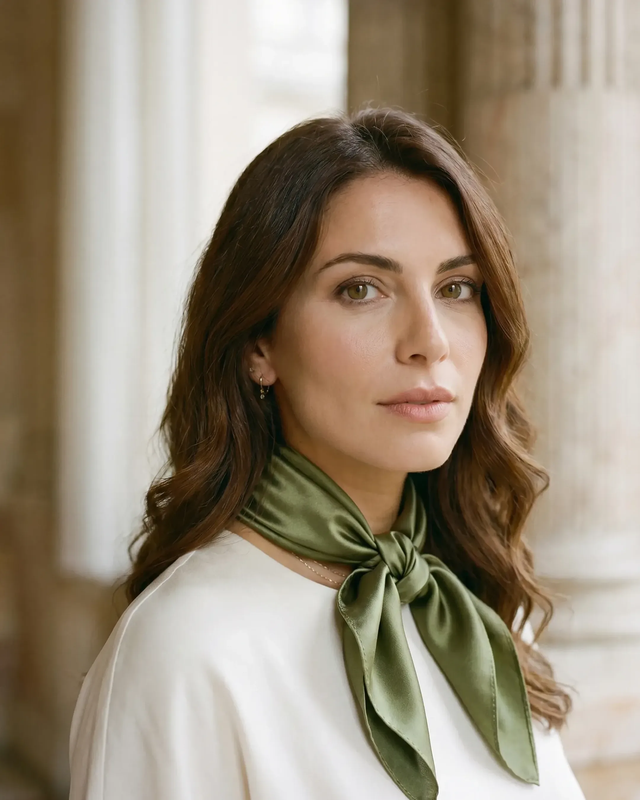 Hugo Caesar Tassi Carina glossy silk-look square scarf in Verde Antico, knotted softly at the neck on a model in a sunlit Roman travertine colonnade