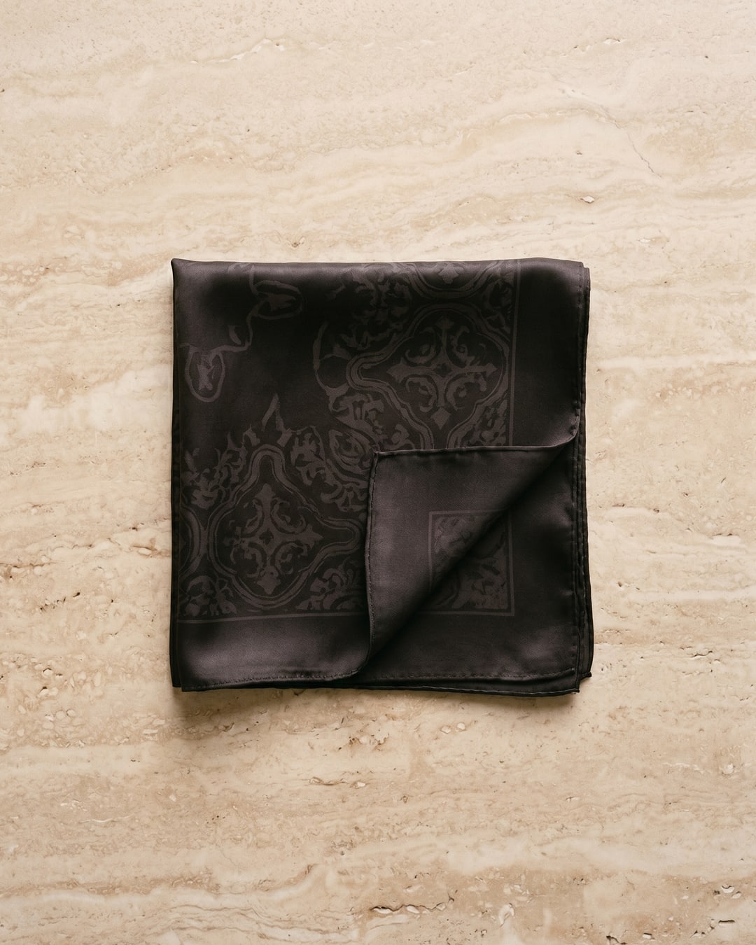 Hugo Caesar Tassi glossy 22mm silk-look square scarf in Basalt — studio packshot, Hugo Caesar Tassi