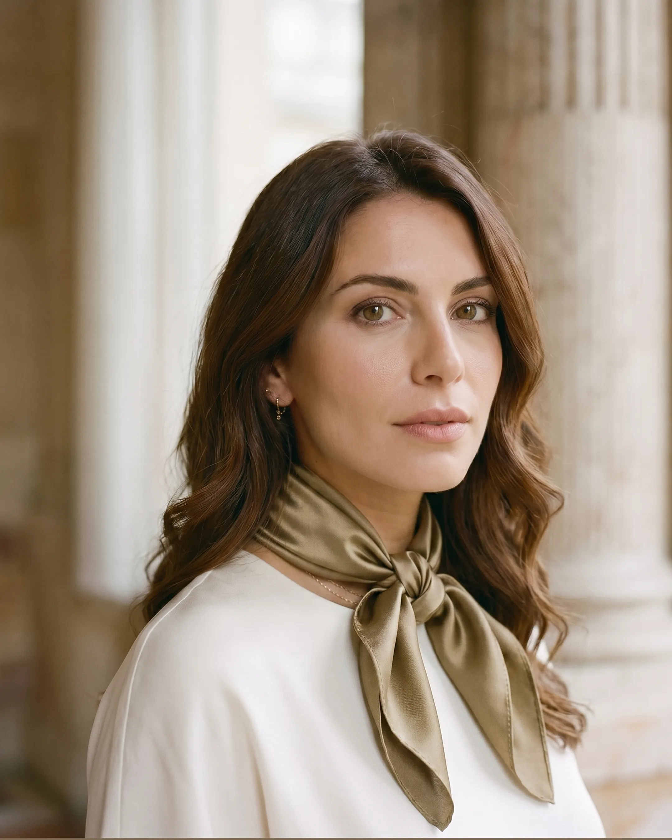 Carina Glossy Silk-Look Square Scarf in Travertine — Hugo Caesar Tassi