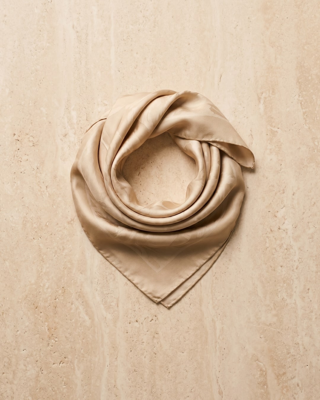 Hugo Caesar Tassi glossy 22mm silk-look square scarf in Travertine — studio packshot, Hugo Caesar Tassi